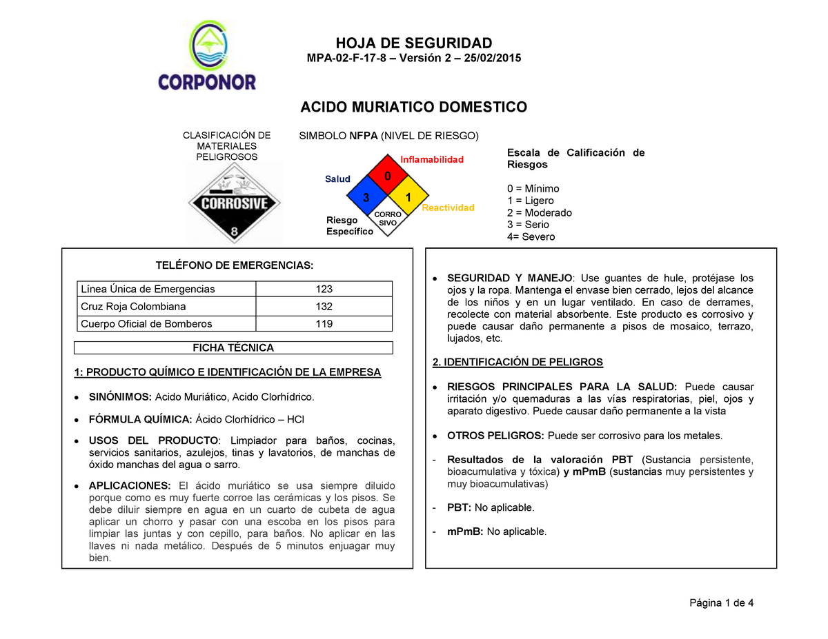 Hs Acido Muriatico Rombos De Seguridad De Cido Muriaticl Mpa