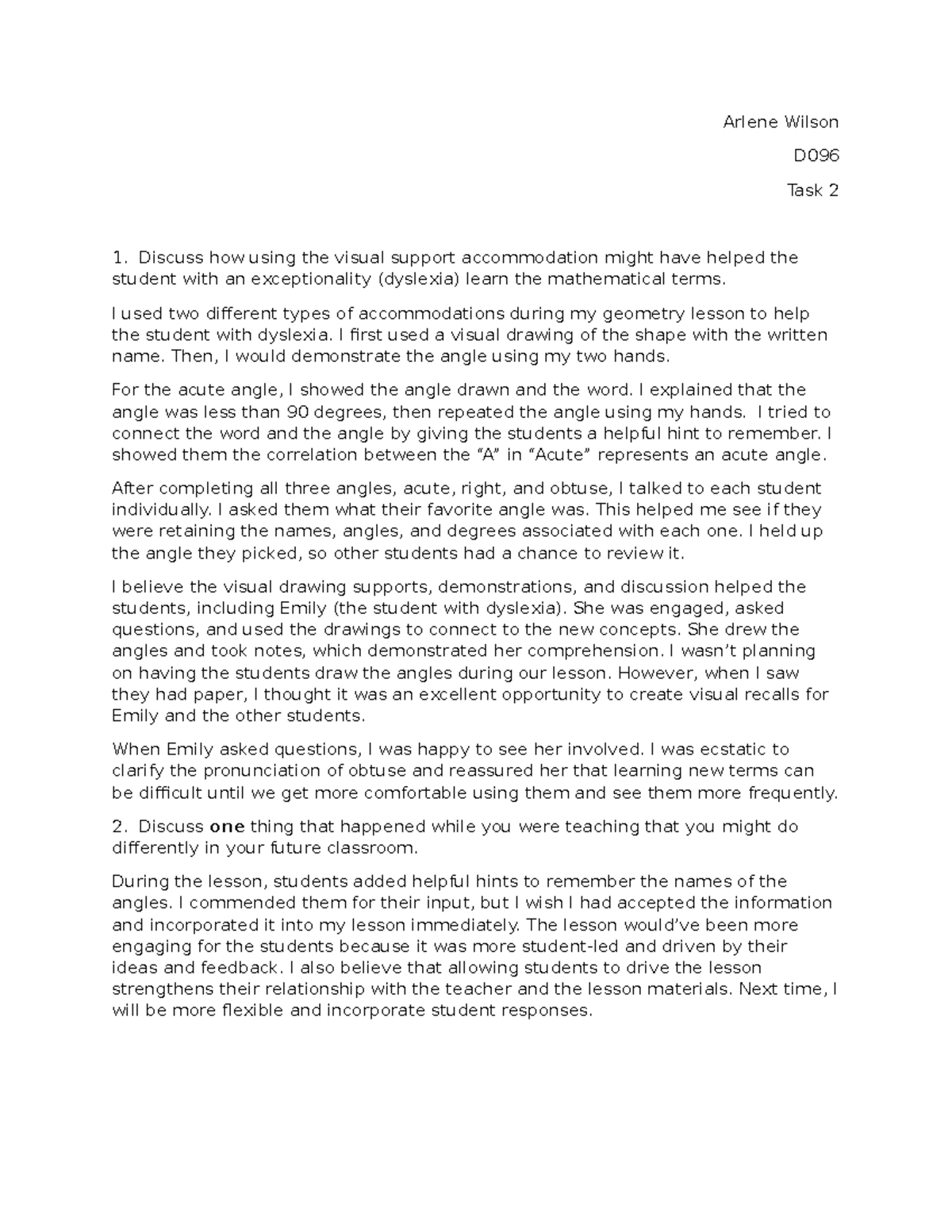 Task 2 D096 - Task 3, Passed first attempt. - Arlene Wilson D Task 2 ...