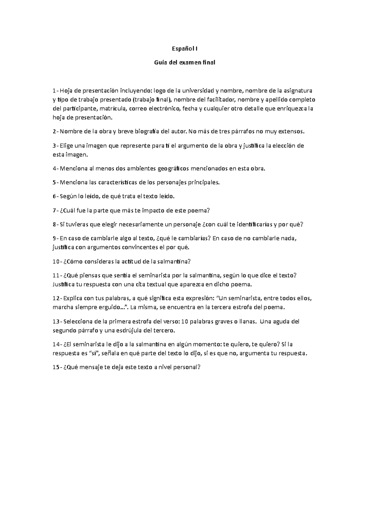 Guía Del Examen Final (1) - Español I Guía Del Examen Final 1- Hoja De ...