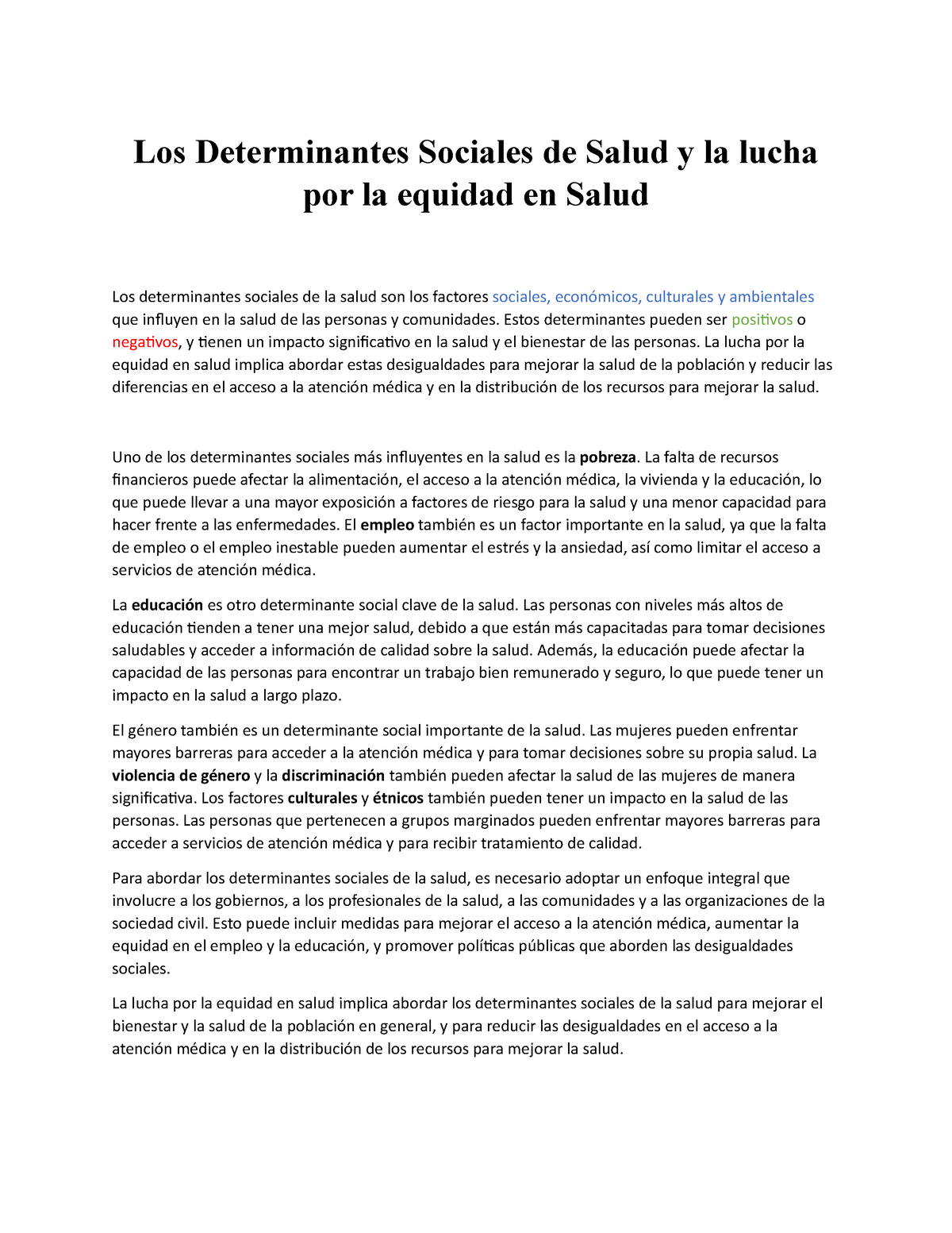 Los Determinantes Sociales De Salud Y La Lucha Por La Equidad En Salud