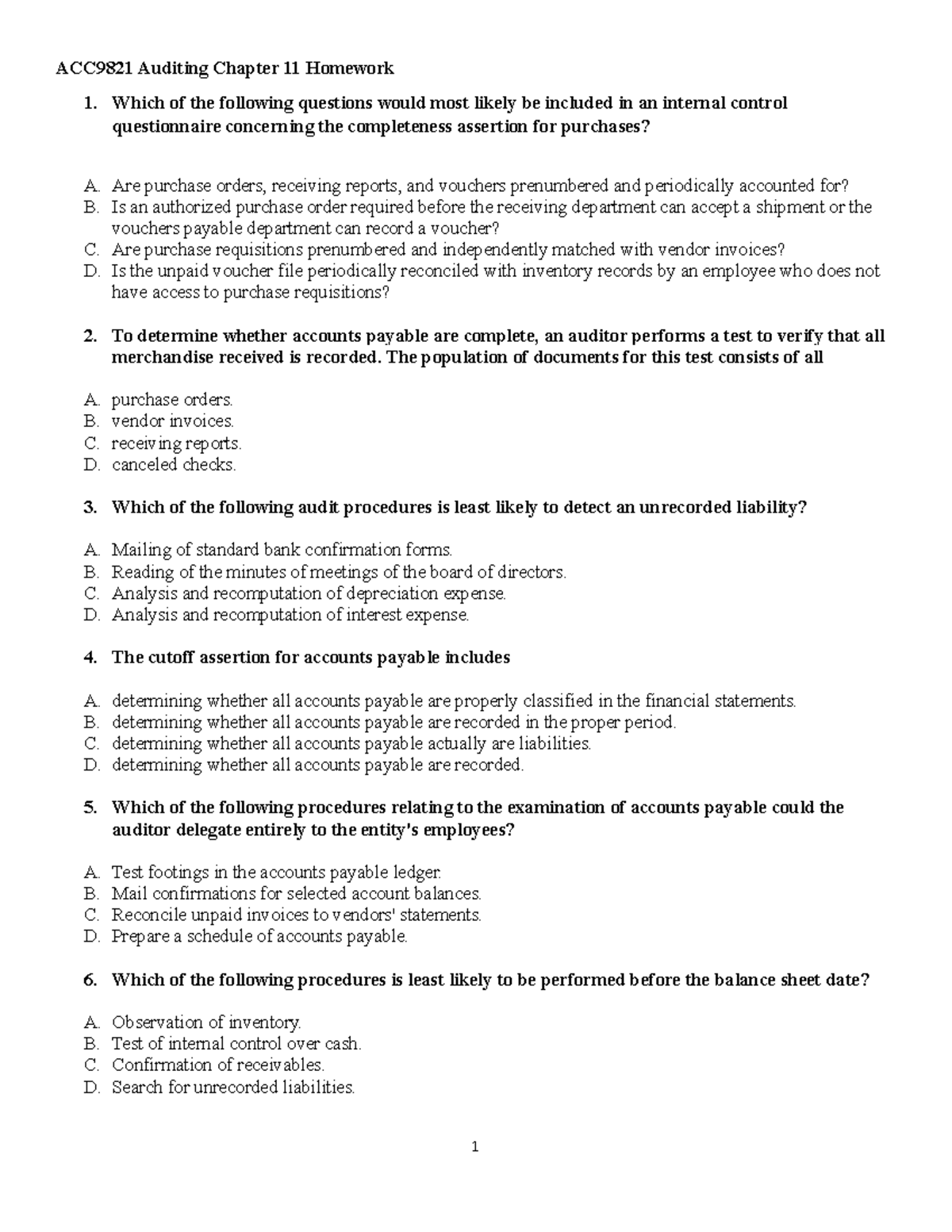 ACC9821 Auditing Chapter 11 Homework - ACC9821 Auditing Chapter 11 ...