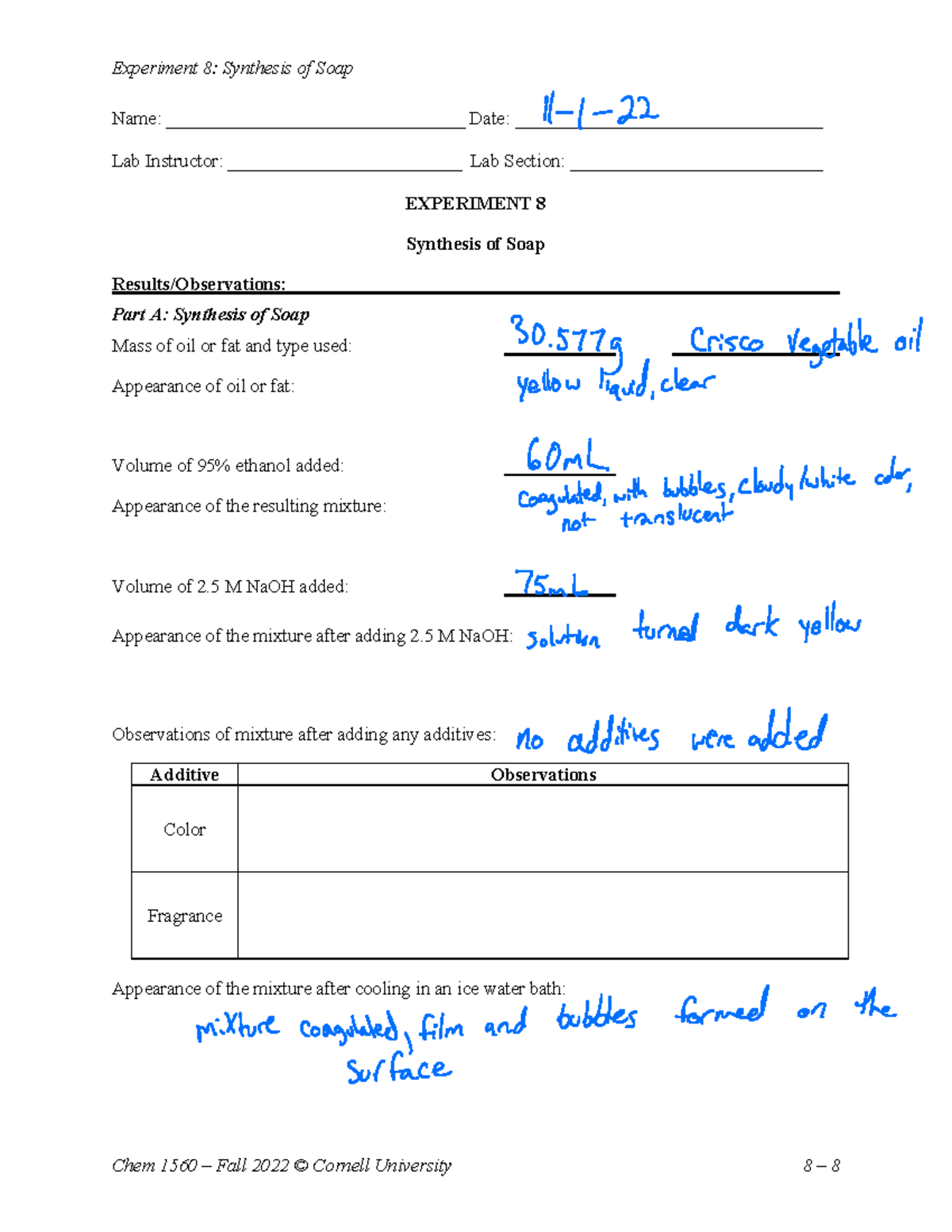 Synthesis of Soap Lab Report Chem 1560 Fall 2022 © Cornell