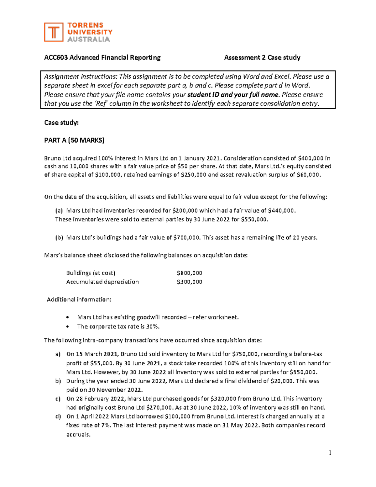 ACC603 A2 Case Study Part A And Part B - ACC 603 Advanced Financial ...