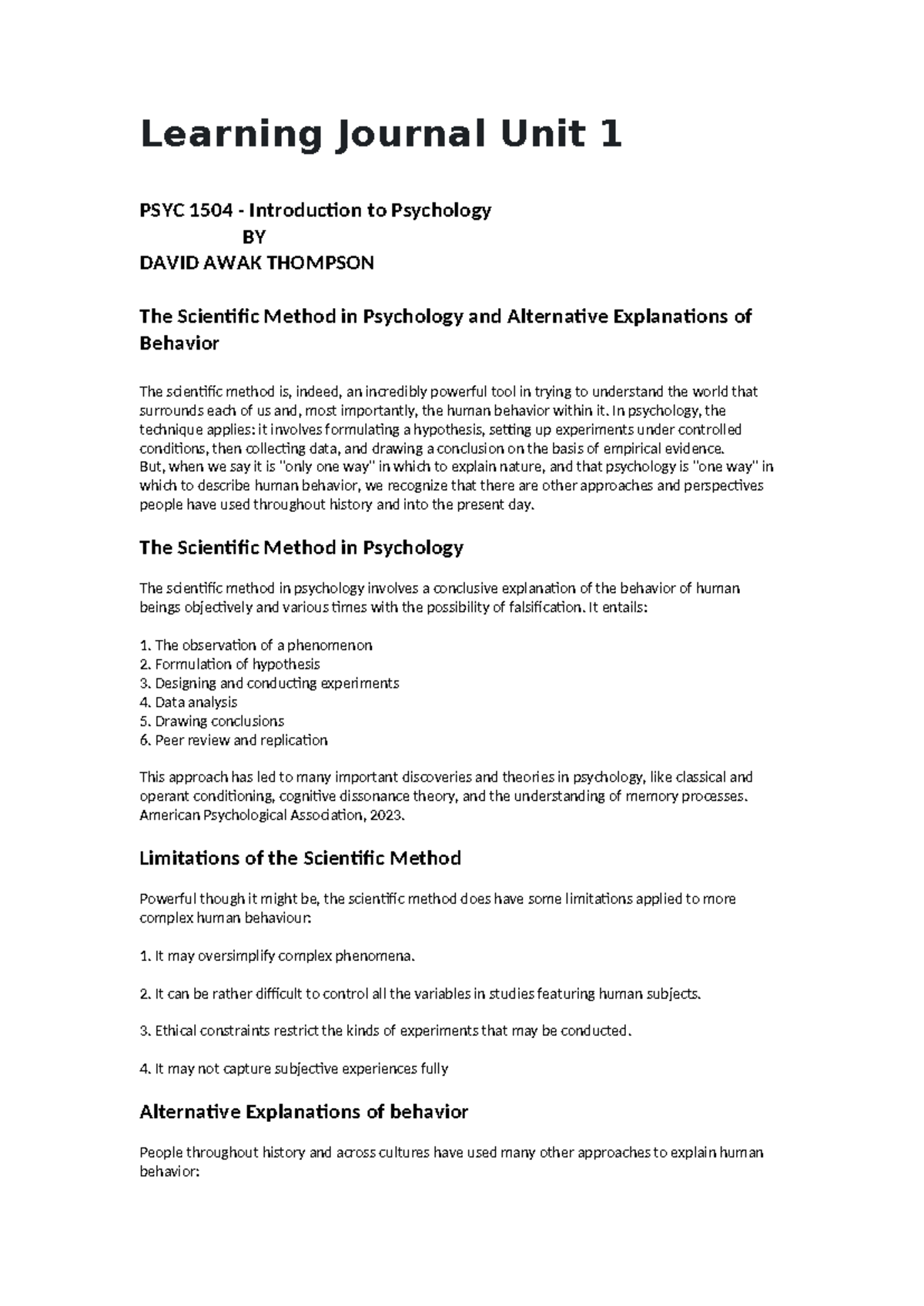 Learning Journal Unit 1PYS UNIT1 - Learning Journal Unit 1 PSYC 1504 ...