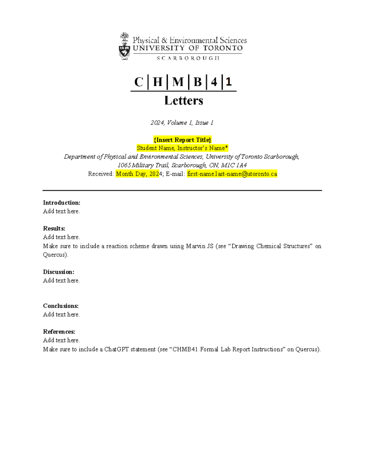 CHMB41 Formal Lab Report Template - 2024, Volume 1, Issue 1 {Insert ...