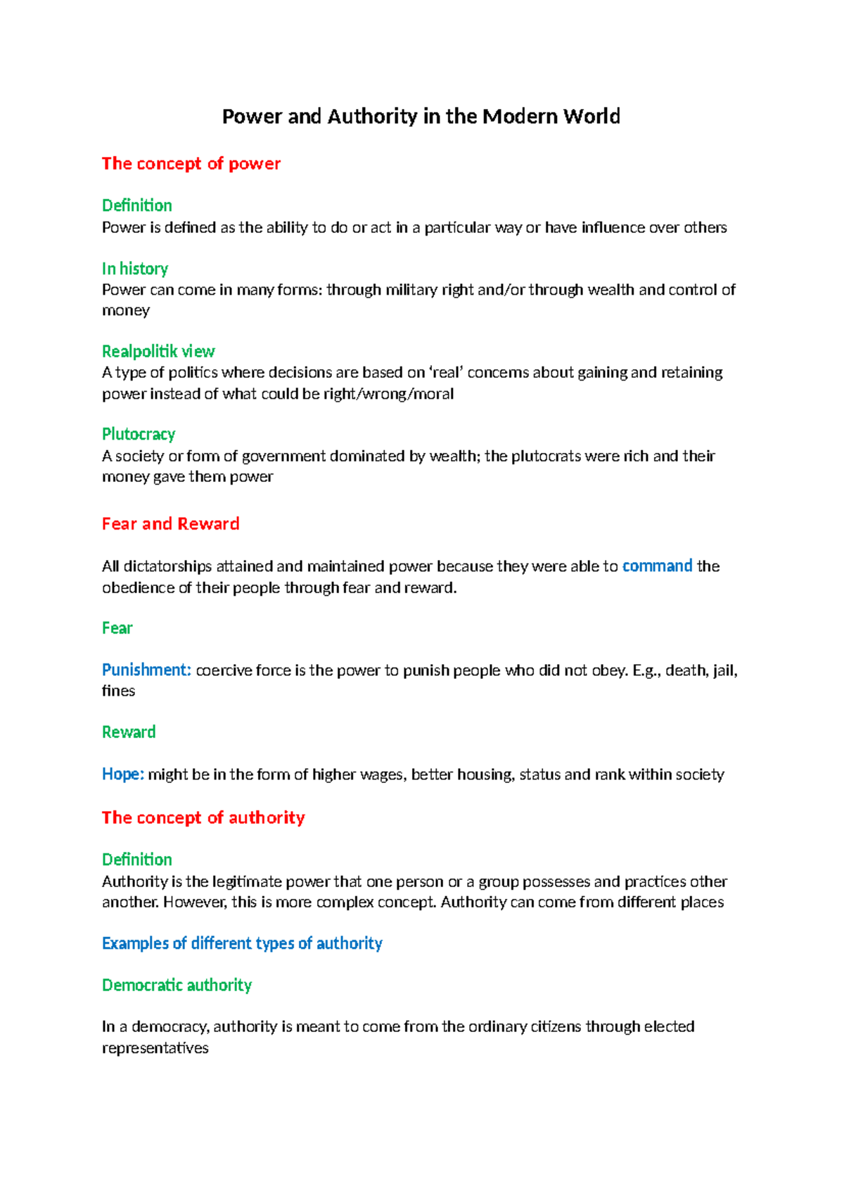 Power and Authority in the Modern World Notes - Power and Authority in ...