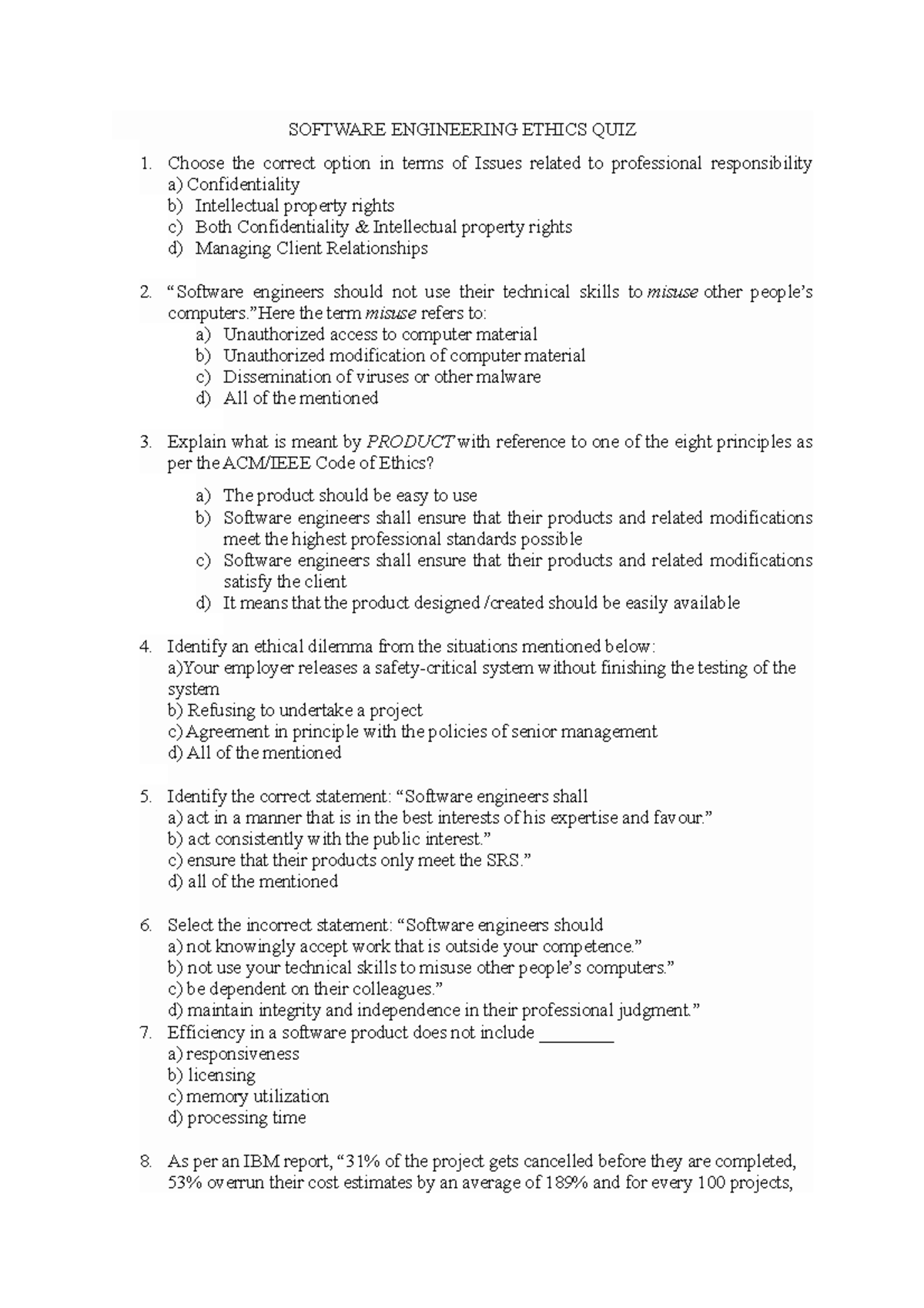 Software Engineering Ethics QUIZ SOFTWARE ENGINEERING ETHICS QUIZ