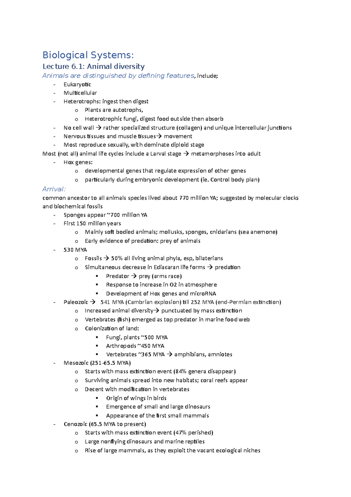 Biological Systems Module 6.1 - Biological Systems: Lecture 6: Animal ...