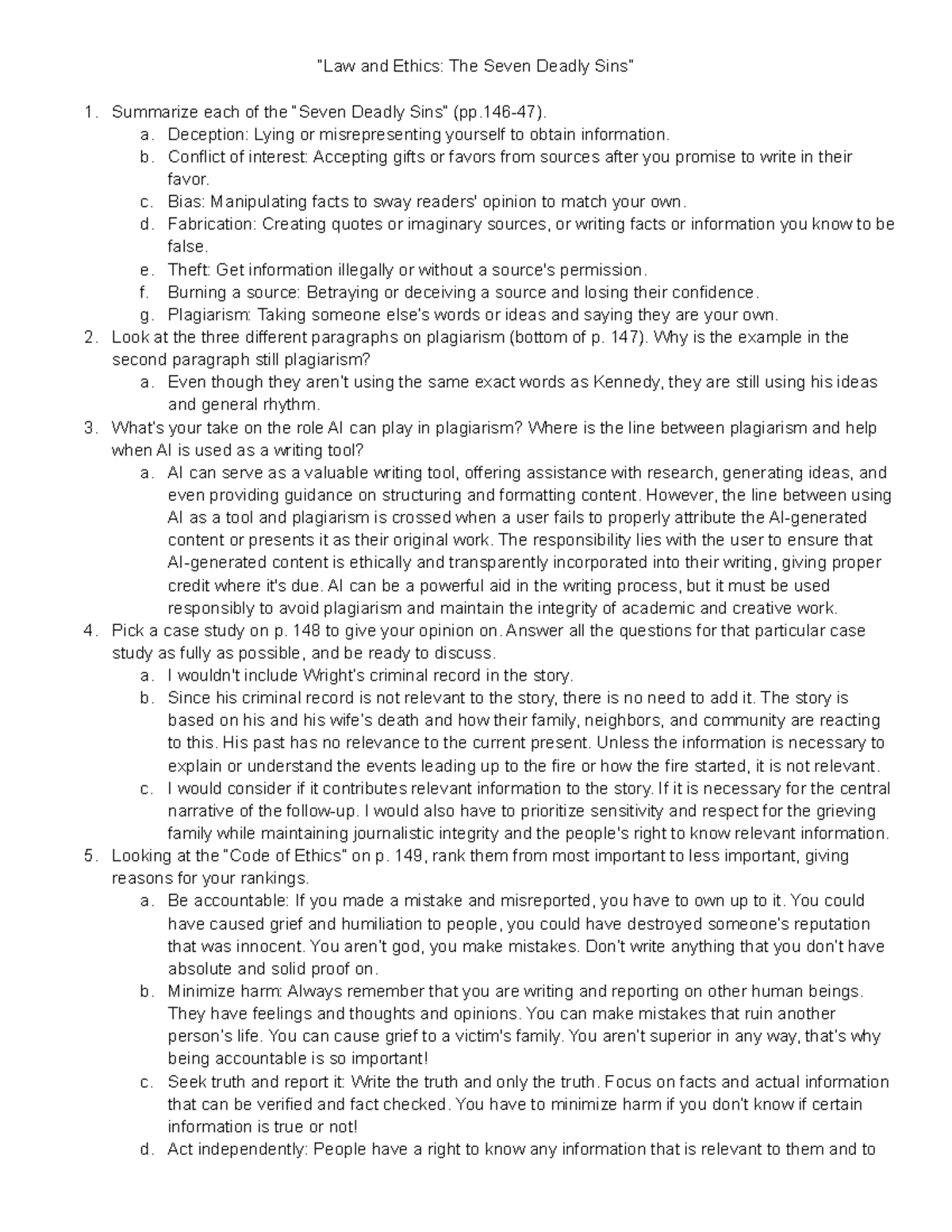 Law and Ethics The Seven Deadly Sins “Law and Ethics The Seven Deadly Sins” Summarize each of