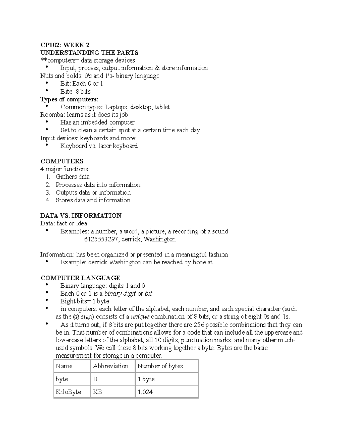 CP102 WEEK 2 - Lecture notes 2 - CP102: WEEK 2 UNDERSTANDING THE PARTS ...