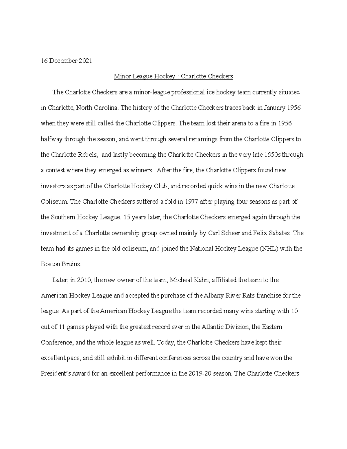 Minor League Hockey 16 December 2021 Minor League Hockey Charlotte