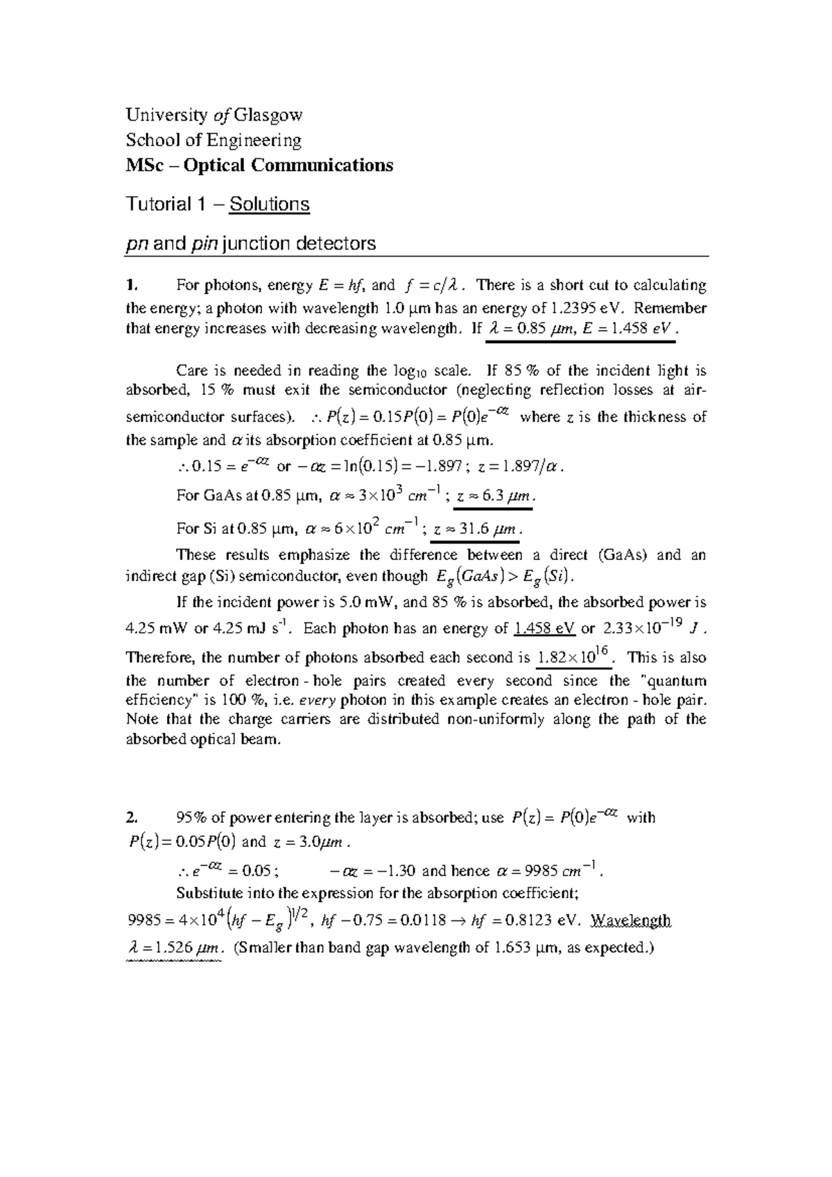 Photodiodes Tutorial 1 Solutions University of Glasgow School of