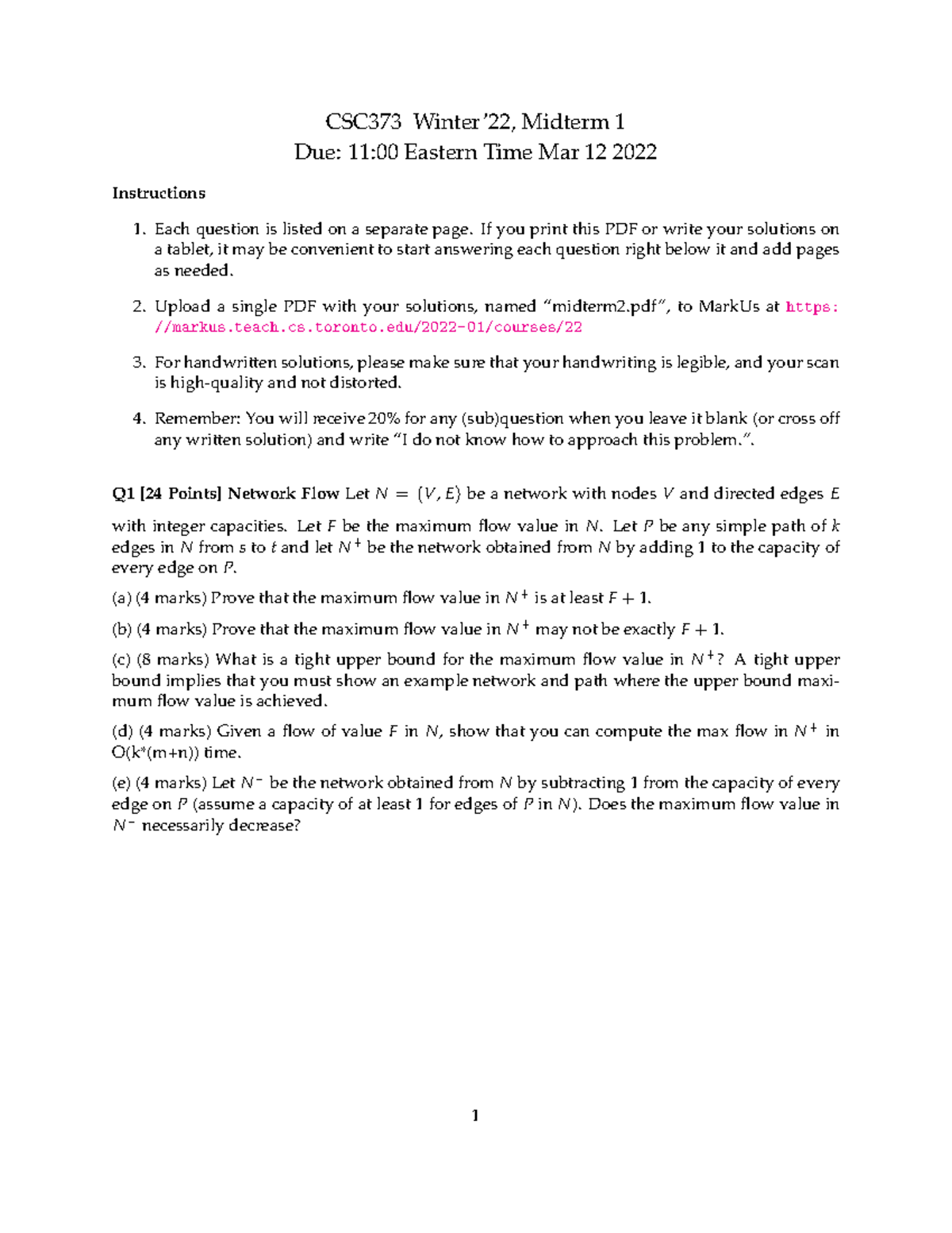 CSC373 Midterm 1: Network Flow Bipartite Flow Linear Programming - Studocu
