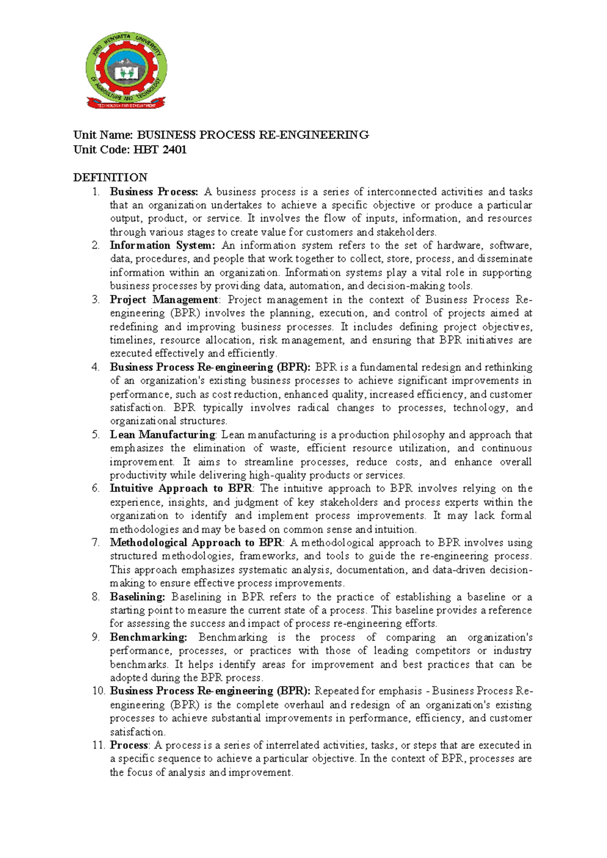 Business Process Re-Engineering - Unit Name: BUSINESS PROCESS RE ...