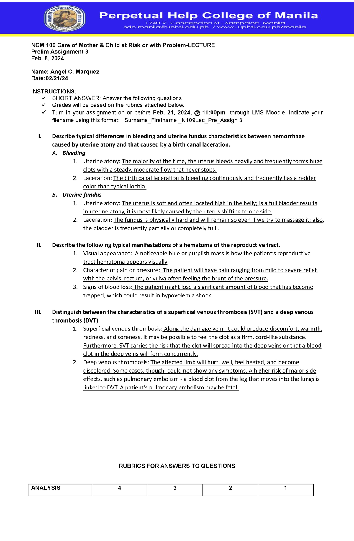 NCM 109 Care Of Mother LEC Prelim Assign 3 Post Partum - NCM 109 Care ...