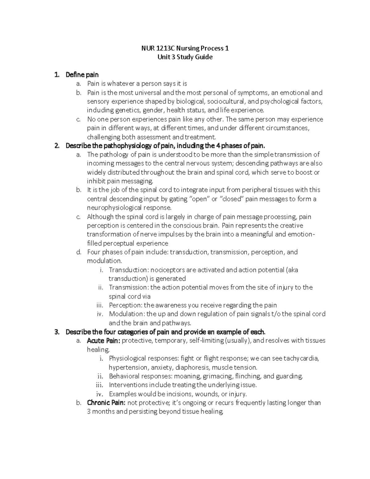 Unit exam 3 study guide 1 - NUR 1213C Nursing Process 1 Unit 3 Study ...