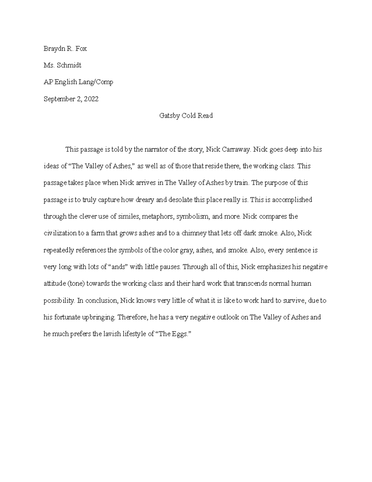Mock Gatsby Cold Read Response - Braydn R. Fox Ms. Schmidt AP English ...