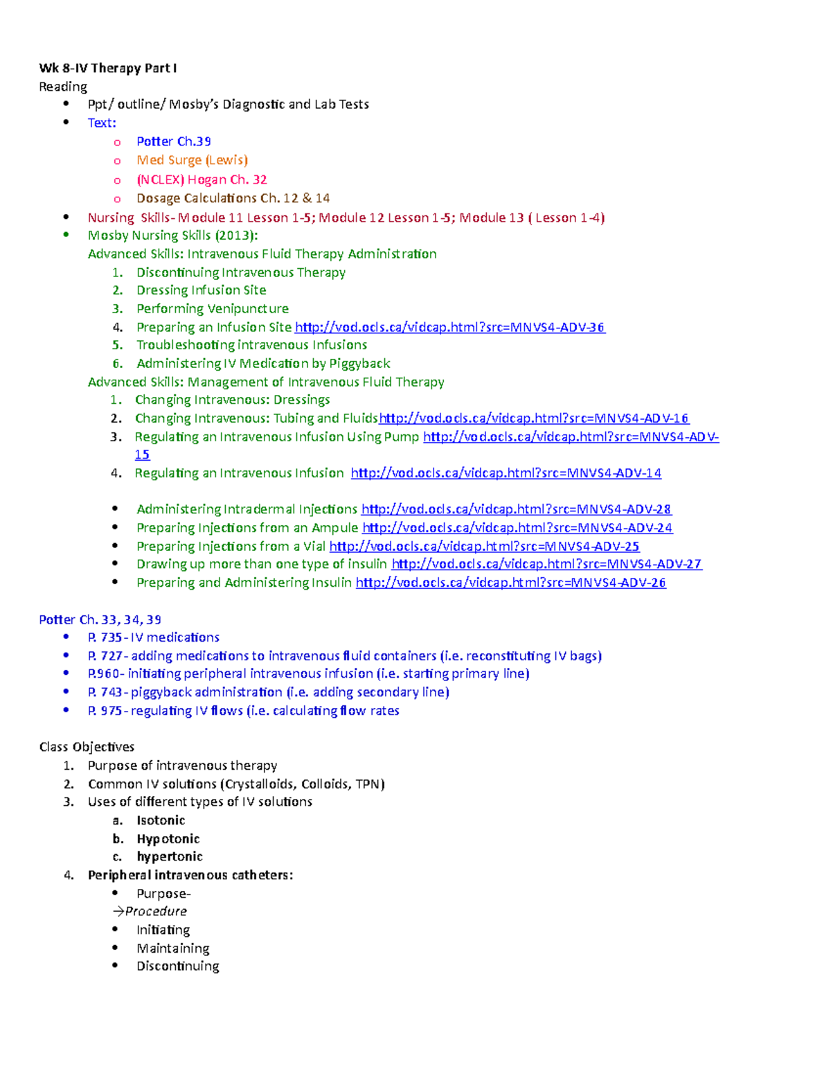 Week7and8lecturenotes - Wk 8-IV Therapy Part I Reading Ppt/ outline ...