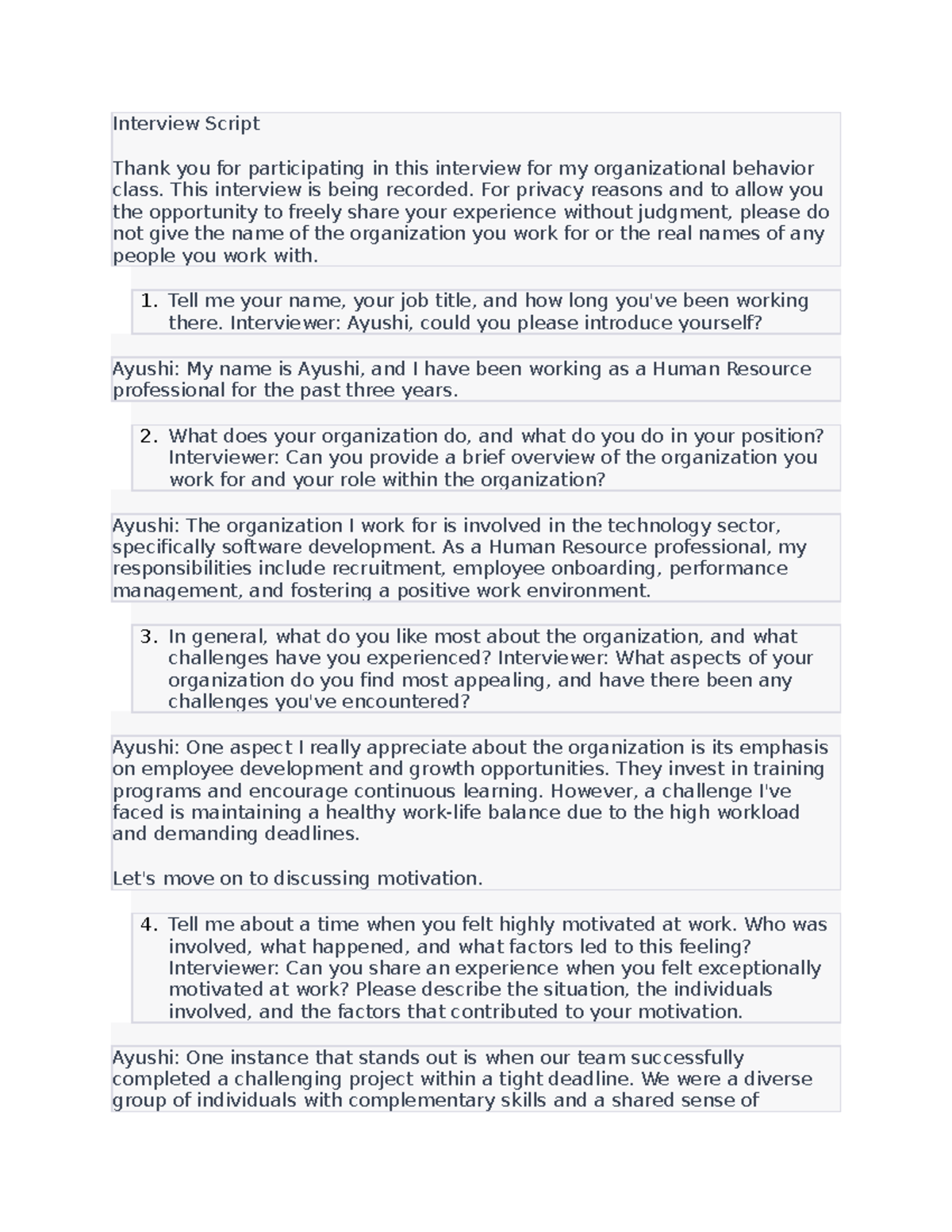Interview Script - n/a - Interview Script Thank you for participating ...