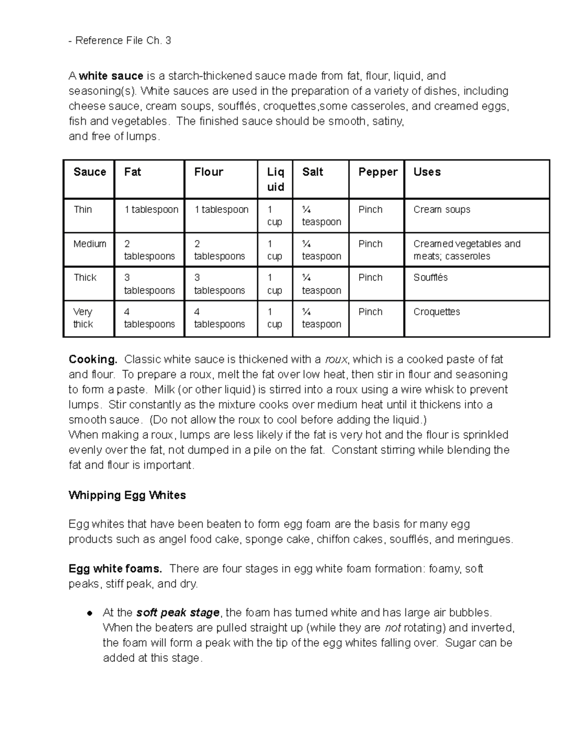 Ch. 3 Whipping Cream and White Sauce Reference File Ch. 3 A white