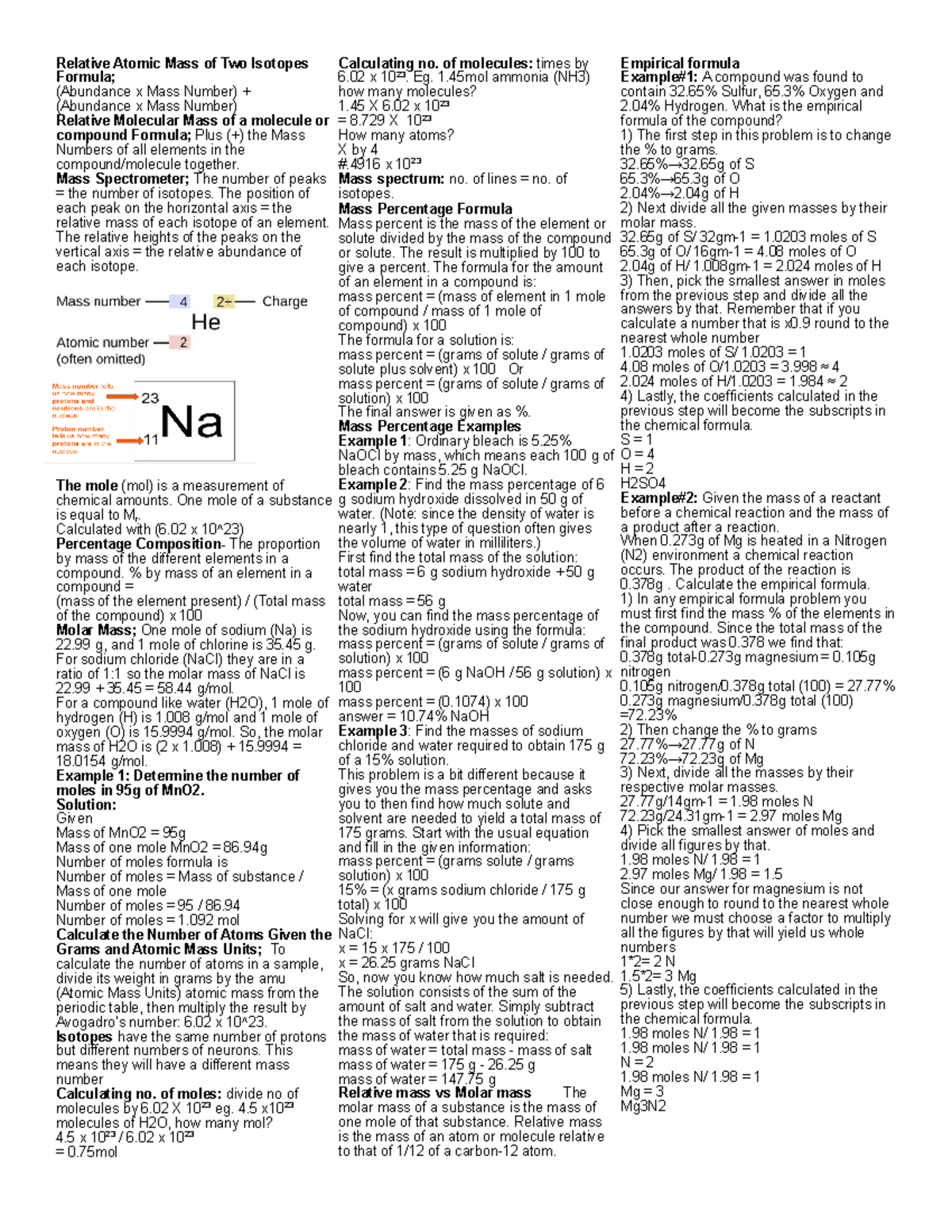 CHEM Cheat Sheet THE vce Relative Atomic Mass of Two Isotopes Formula; (Abundance x Mass