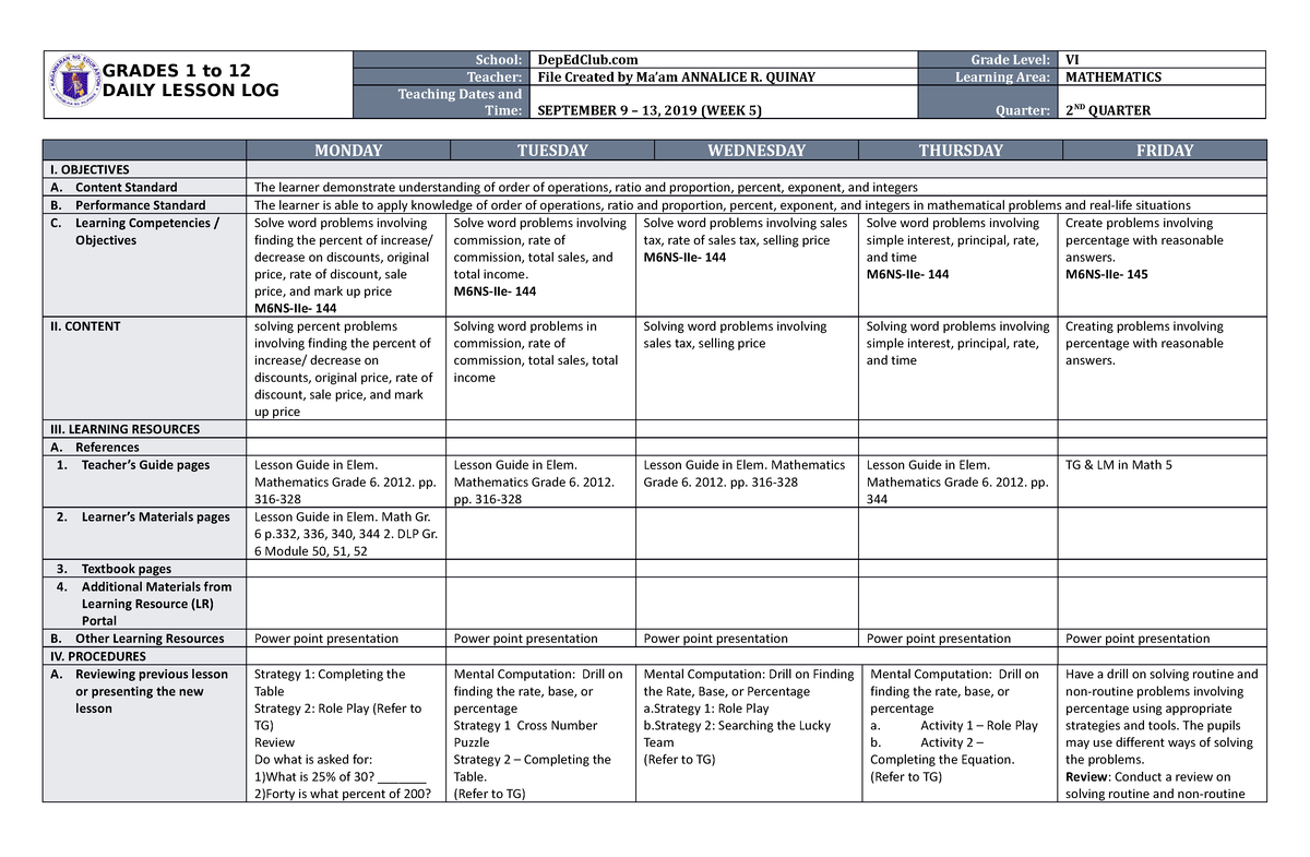 DLL Mathematics 6 Q2 W5 - DAILY LESSON LOG - GRADES 1 To 12 DAILY ...