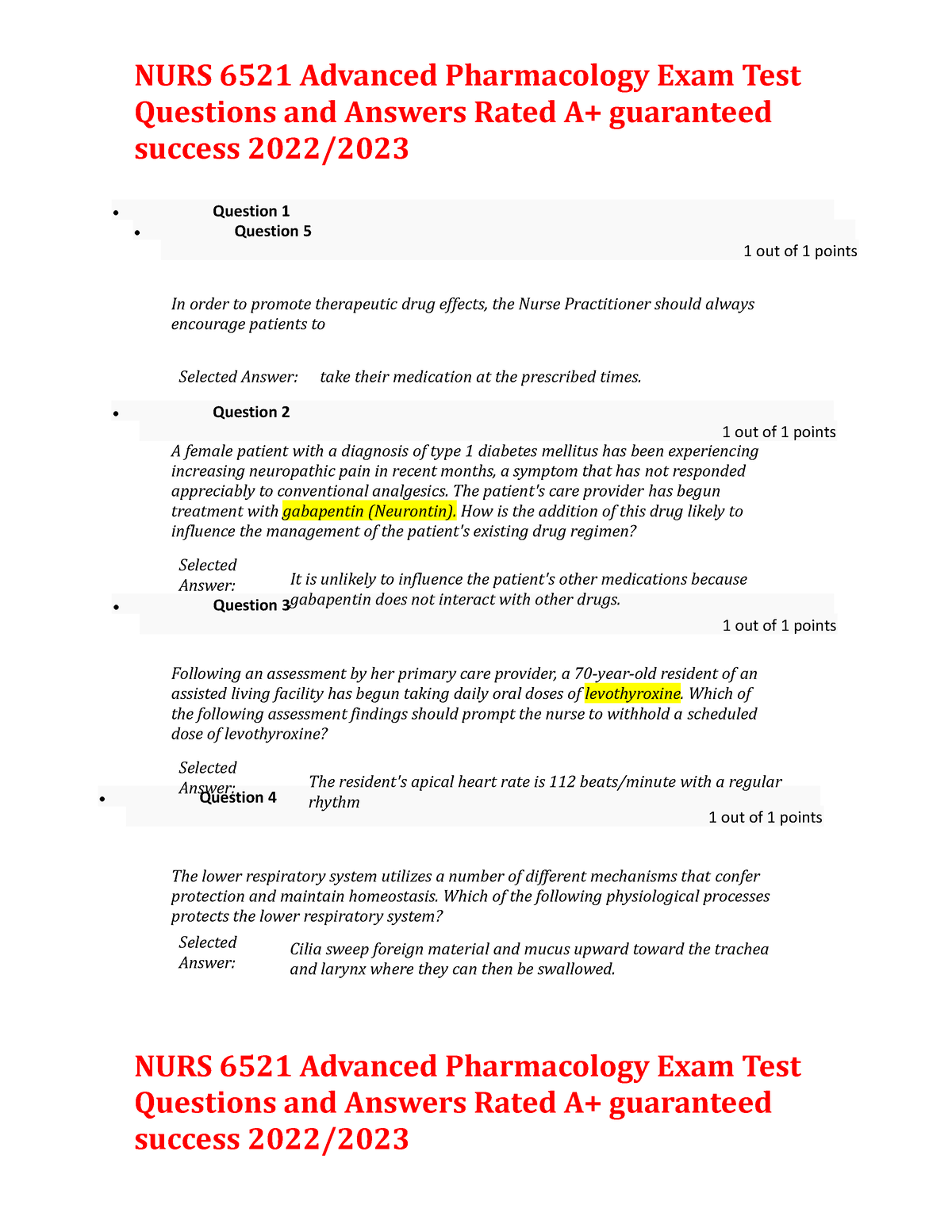 Advanced Pharmacology Midterm Sample 2 Study Guide - Question 1 1 Out ...