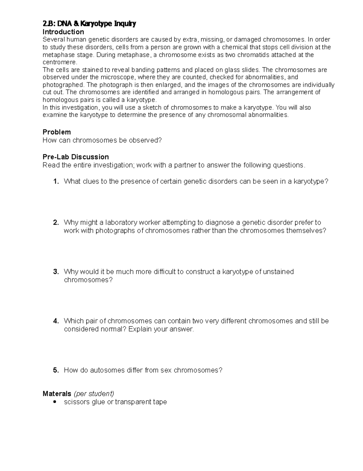 2.B Karyotyping Activity - 2: DNA & Karyotype Inquiry Introduction ...