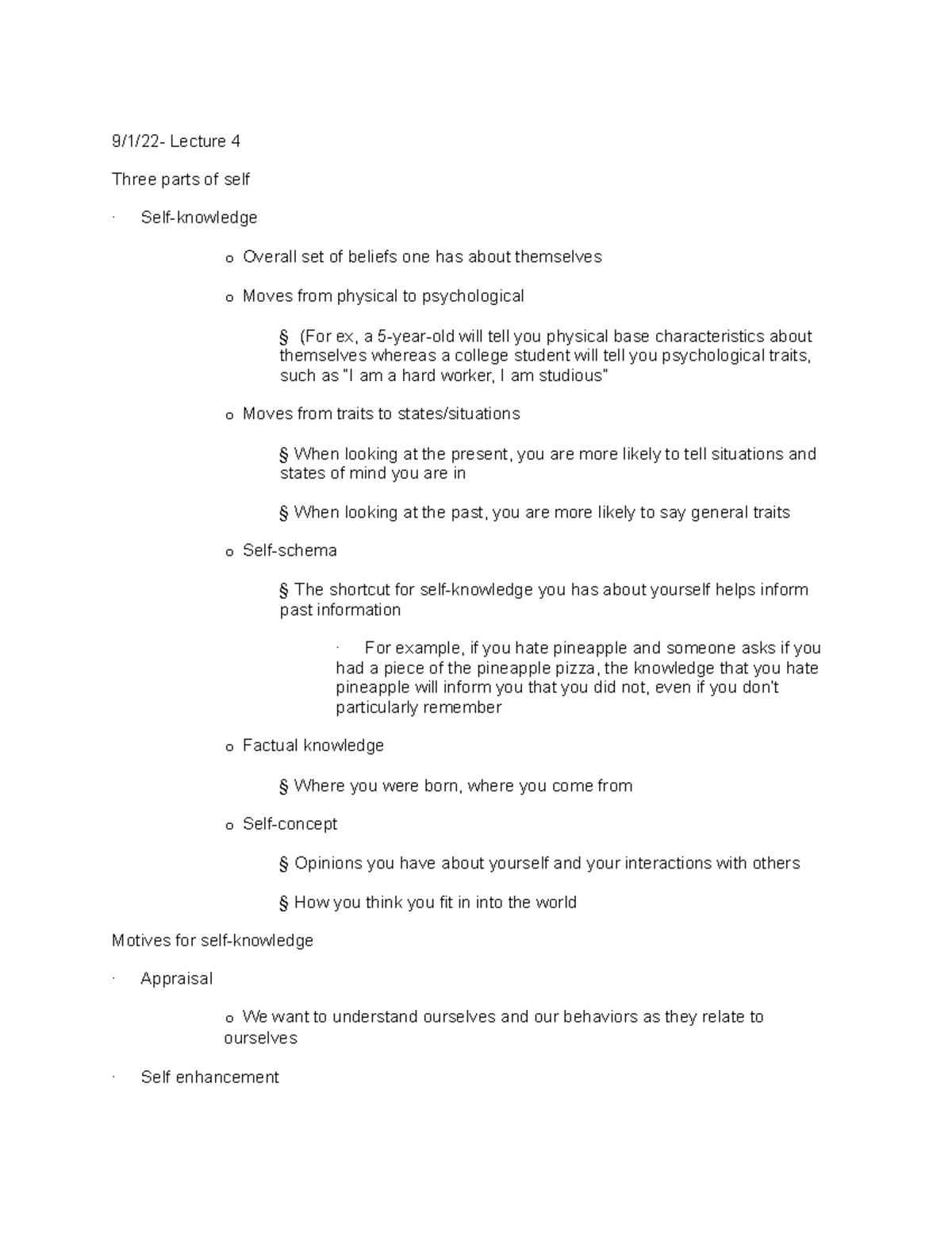 Lecture 9 1 22 Chapter 3 9/1/22 Lecture 4 Three parts of self