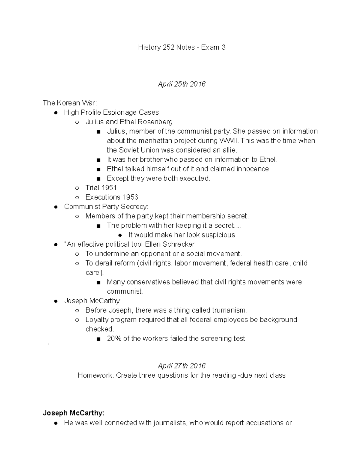Exam 3 History 252 Notes History 252 Notes Exam 3 April 25th 2016 The Korean War High Exam 3 History 252 Notes History 252 Notes Exam 3 April 25th 2016 The Korean War High
