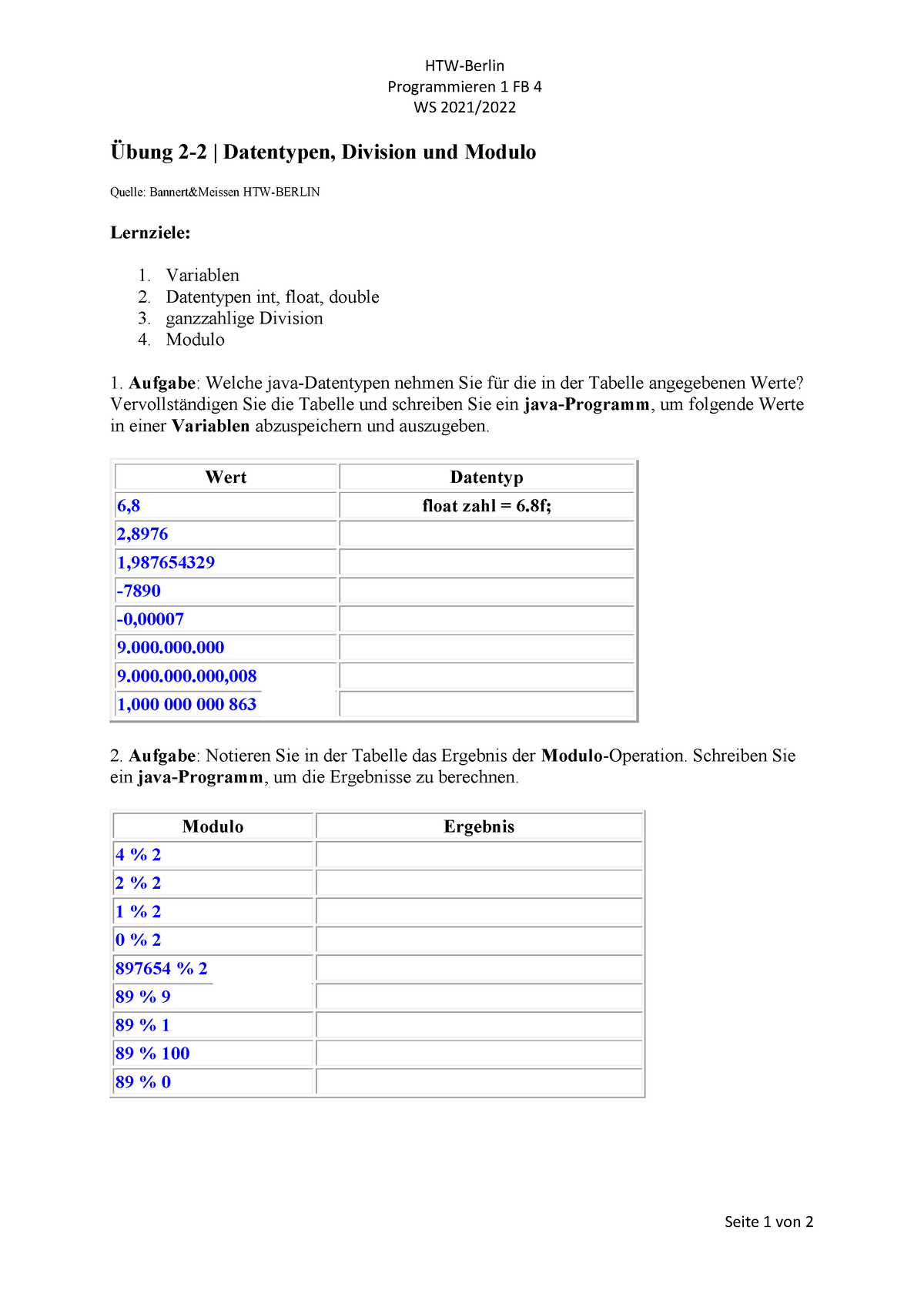 Übungen Zu Java (Datentypen, Operatoren Etc) - HTW-Berli N ...