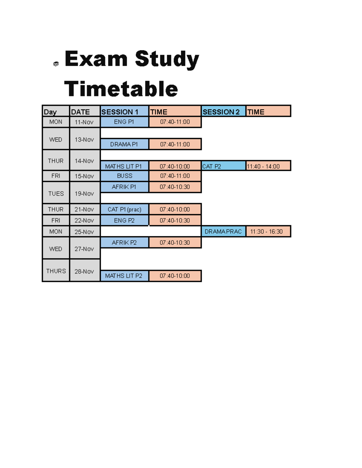 Exam Study Timetable - Needing this to do a monologue. - Exam Study ...