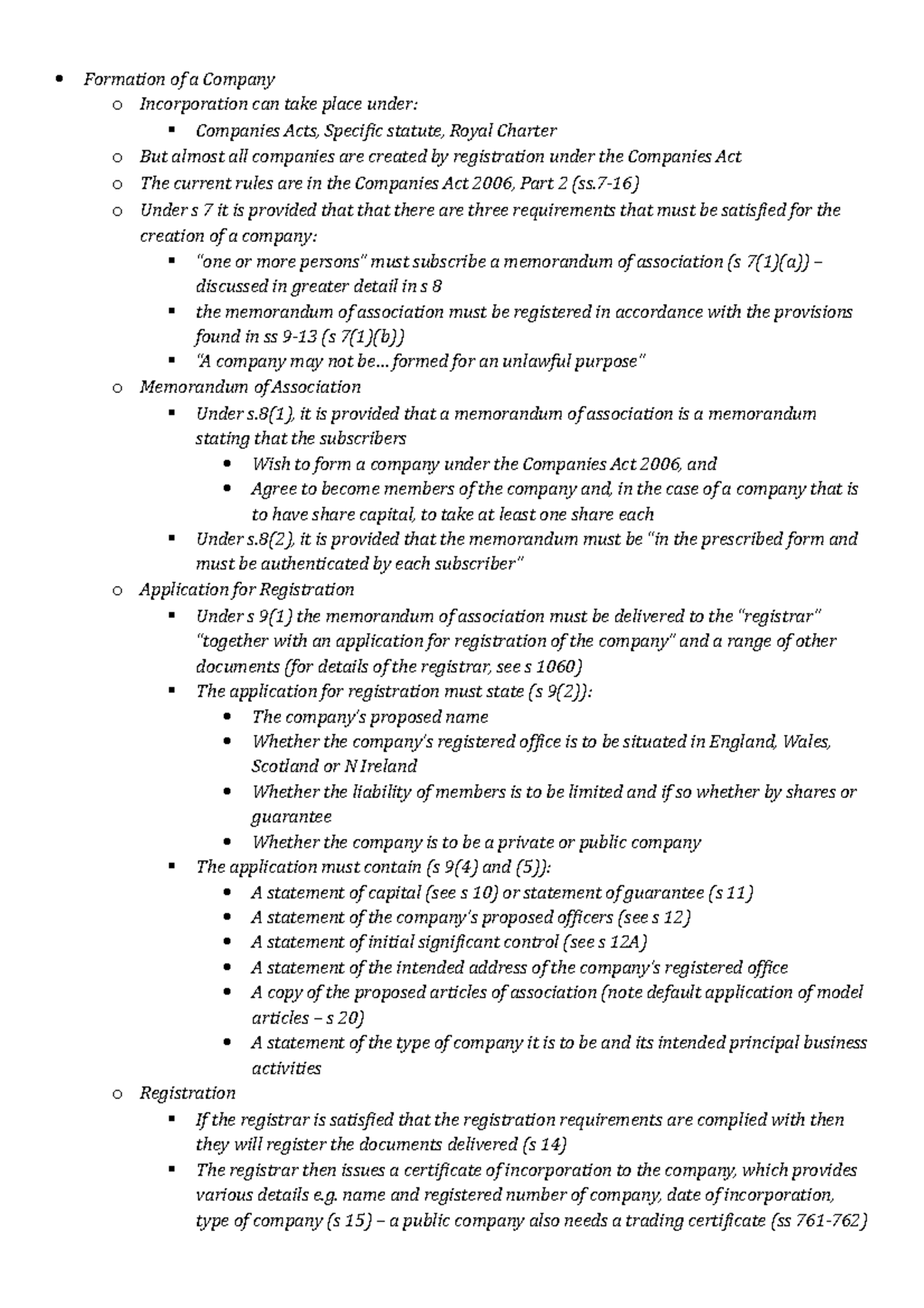 Company Law Notes - Formation and Liability - Formation of a Company o ...