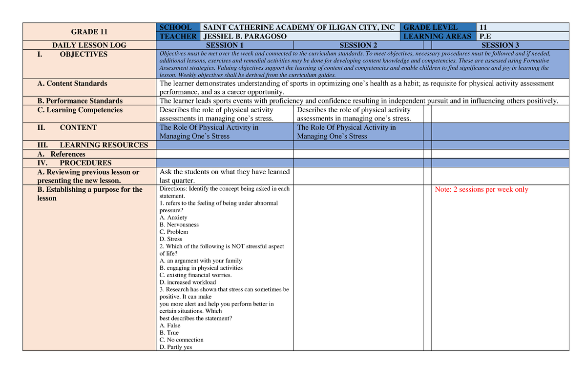 P.E 11 WEEK 1-Q2 - Daily Lesson Log for Teachers - GRADE 11 SCHOOL ...