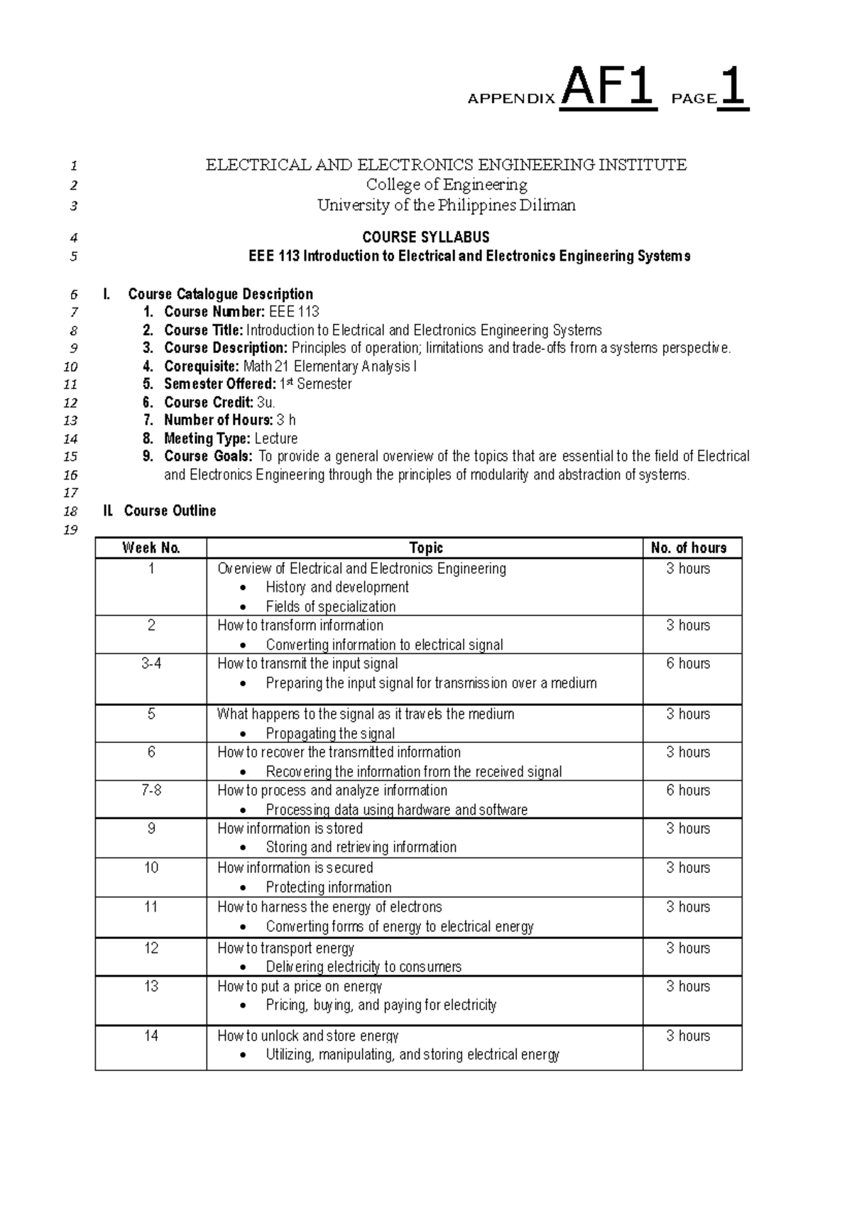 E EE 113 - Syllabus - APPENDIX AF1 PAGE 1 1 ELECTRICAL AND ELECTRONICS ...