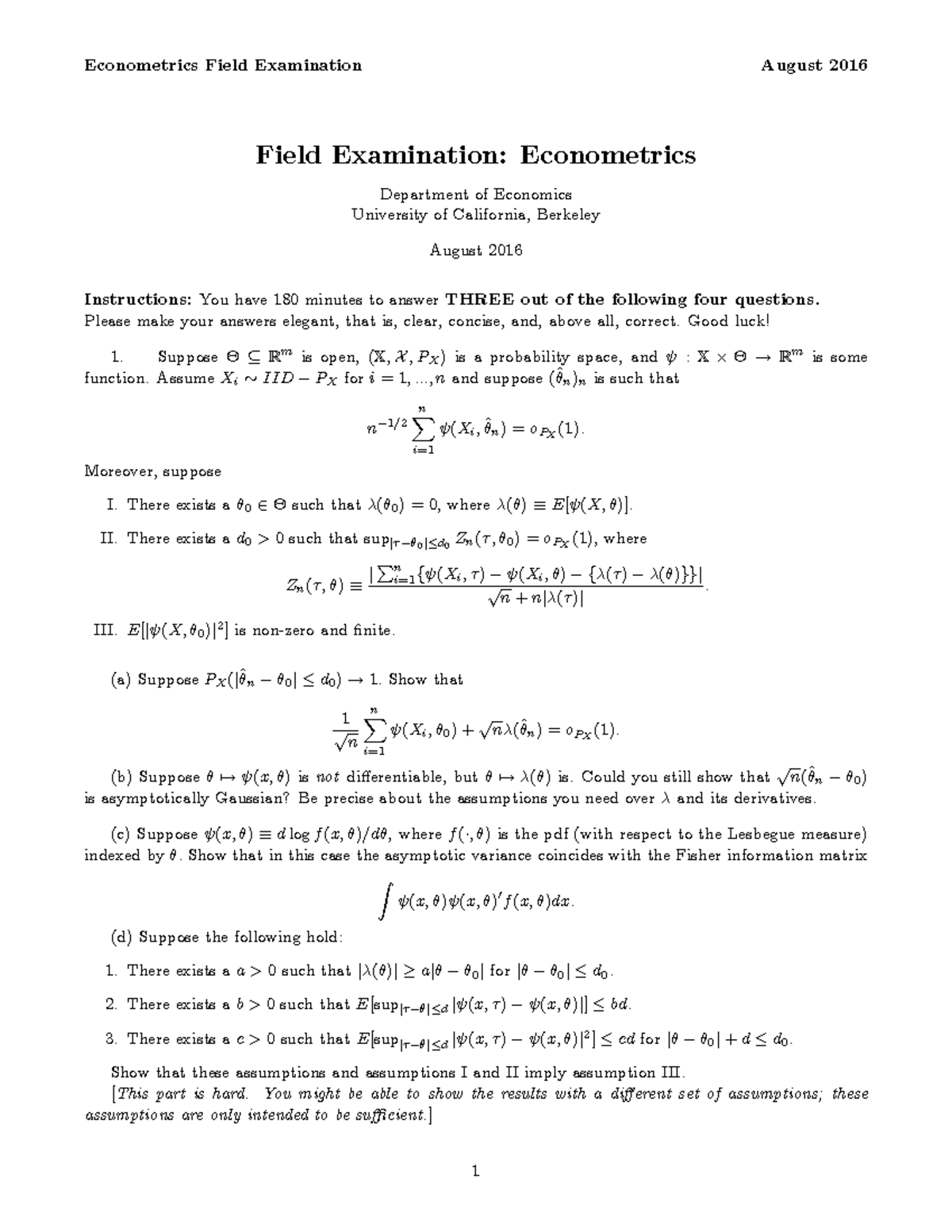 Econometrics Field Exam Aug 16 Studocu