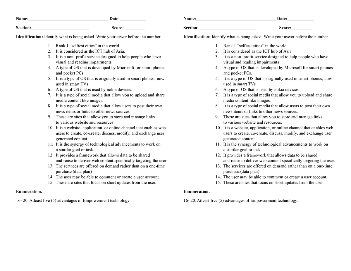 Q1 - QUIZ IN EMPOWERMENT TECHNOLOGY - Name ...