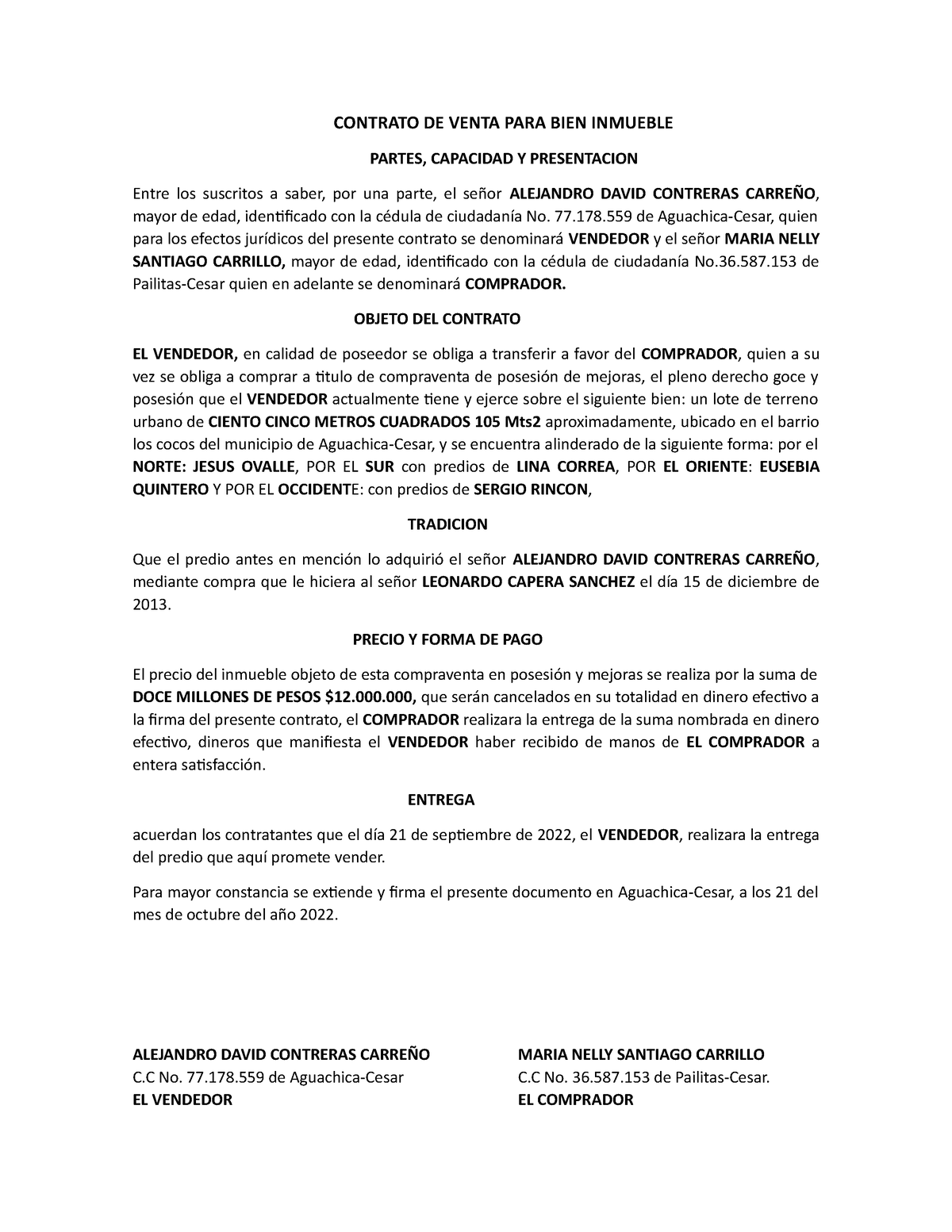 Carta Venta - contratos - CONTRATO DE VENTA PARA BIEN INMUEBLE PARTES ...