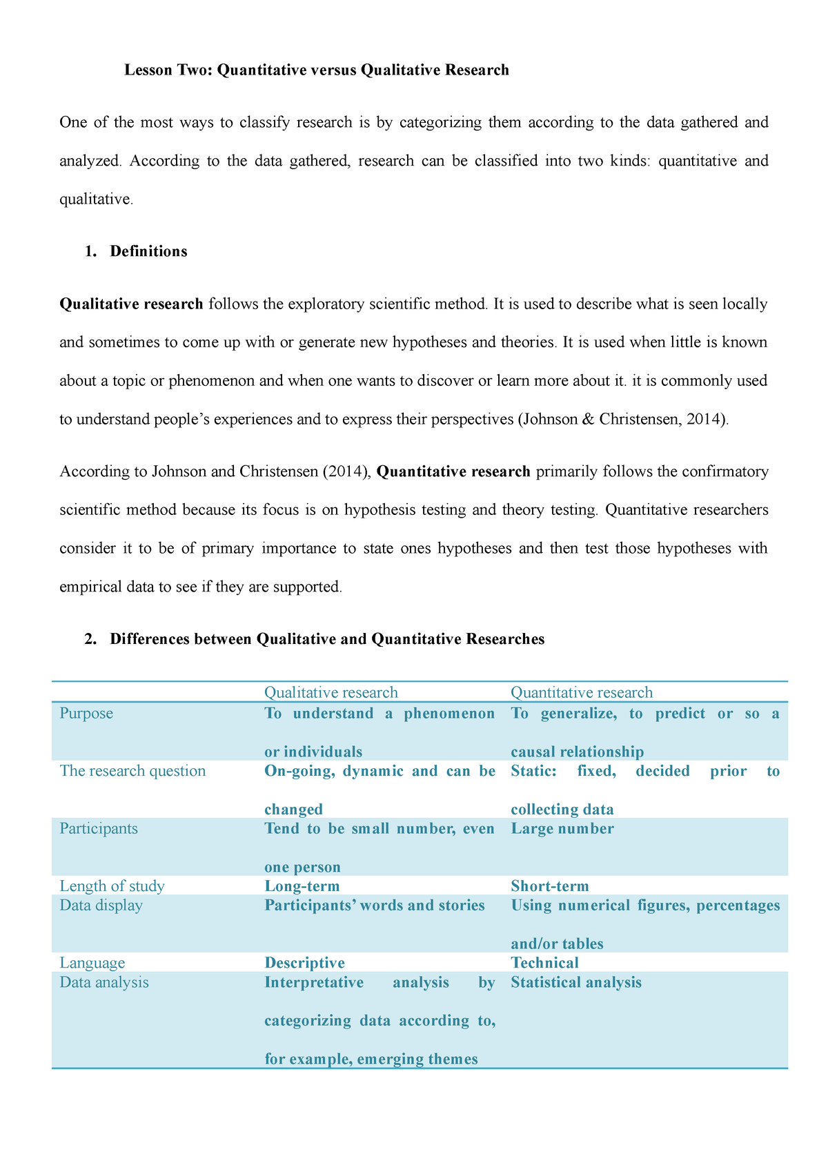 Lesson 2 Quantitative Qualitative Research - Lesson Two: Quantitative ...