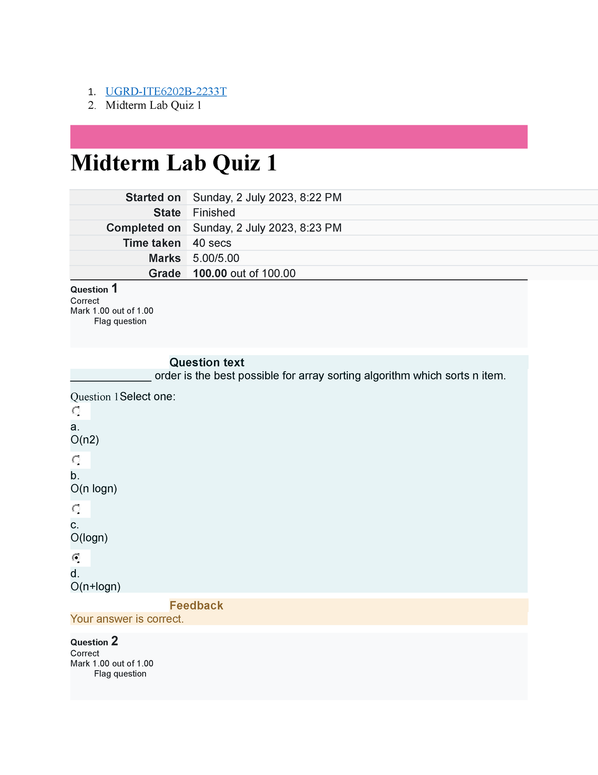 UGRD-ITE6202B Data Structure And Algorithms Midterm Lab Quiz 1 - 1 ...