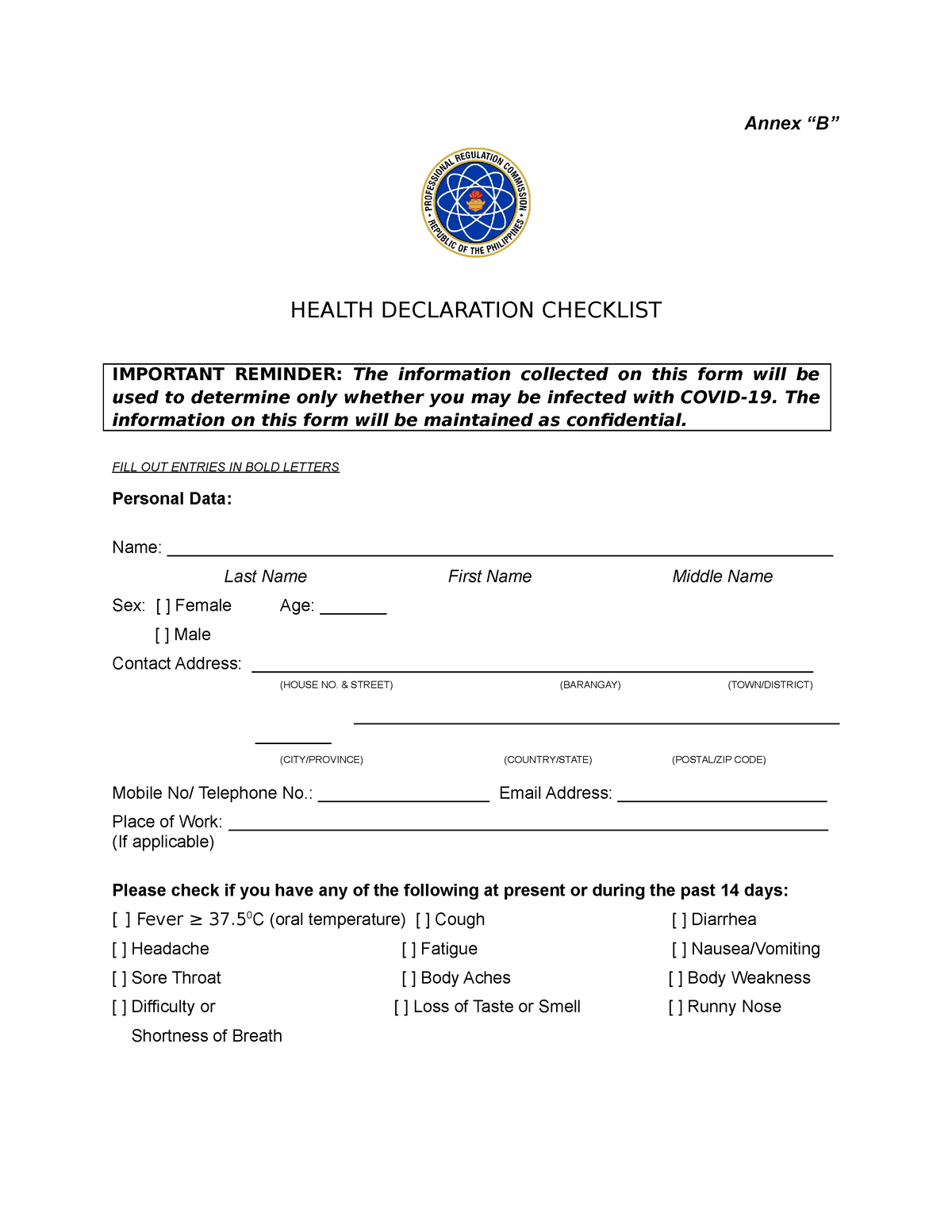 2020-68 Annex B - Health Declaration Form110320 - Annex “B” HEALTH ...