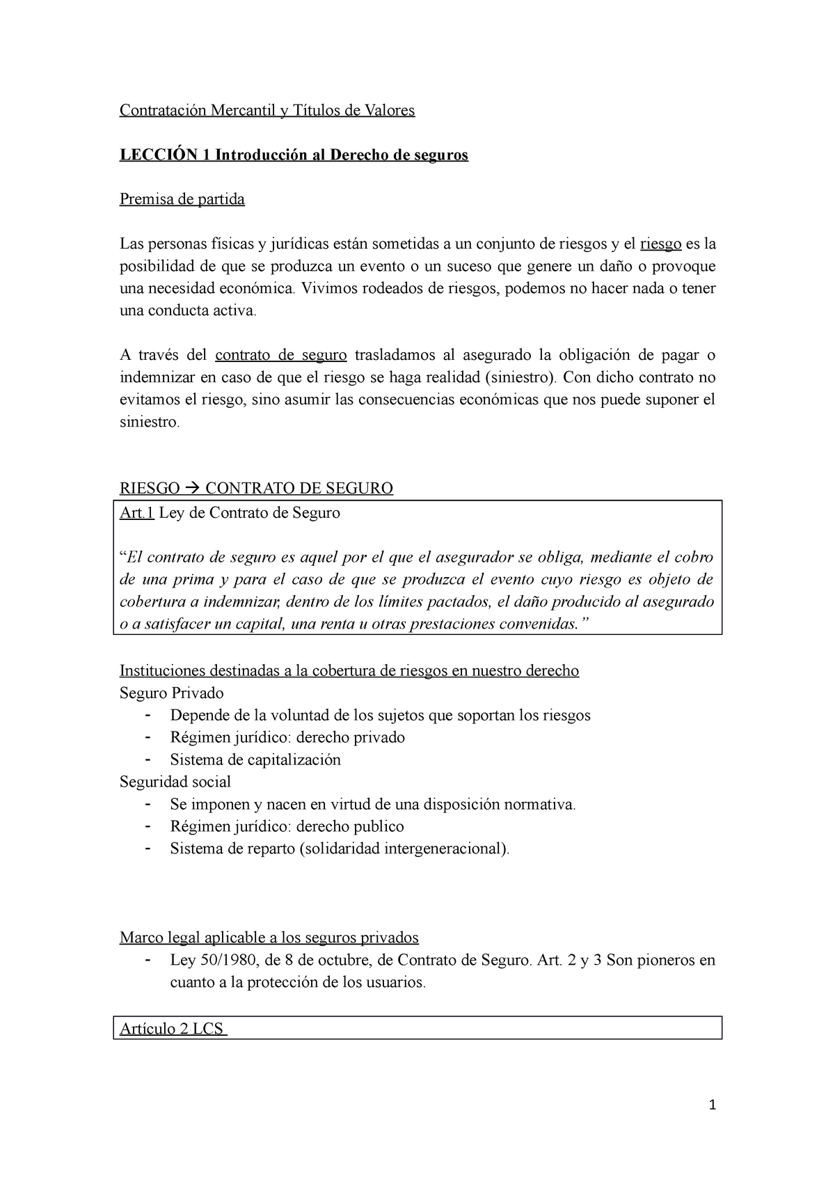 Lección 1 Y 2 Introducción Al Derecho De Seguros Derecho De Seguros Contratación Mercantil Y 8617