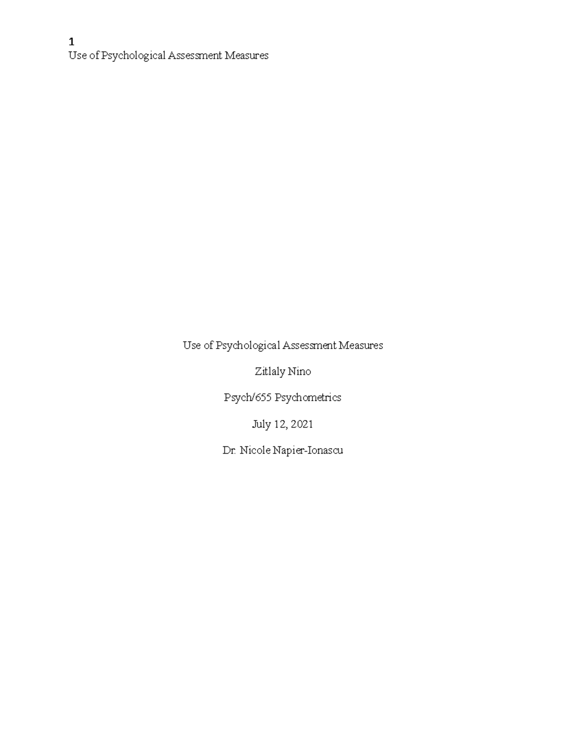 Week 6 Ind Assignment - Use of Psychological Assessment Measures Use of ...