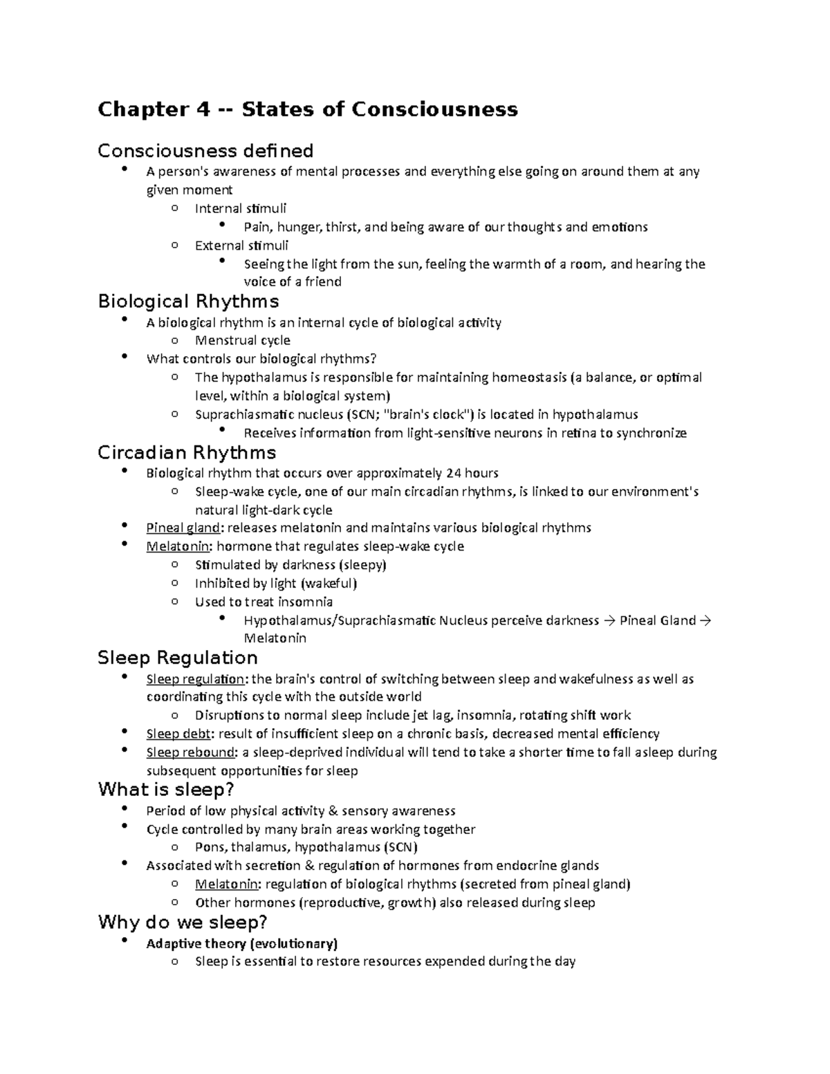 Psych chapter 4 - Chapter 4 - States of Consciousness Consciousness ...