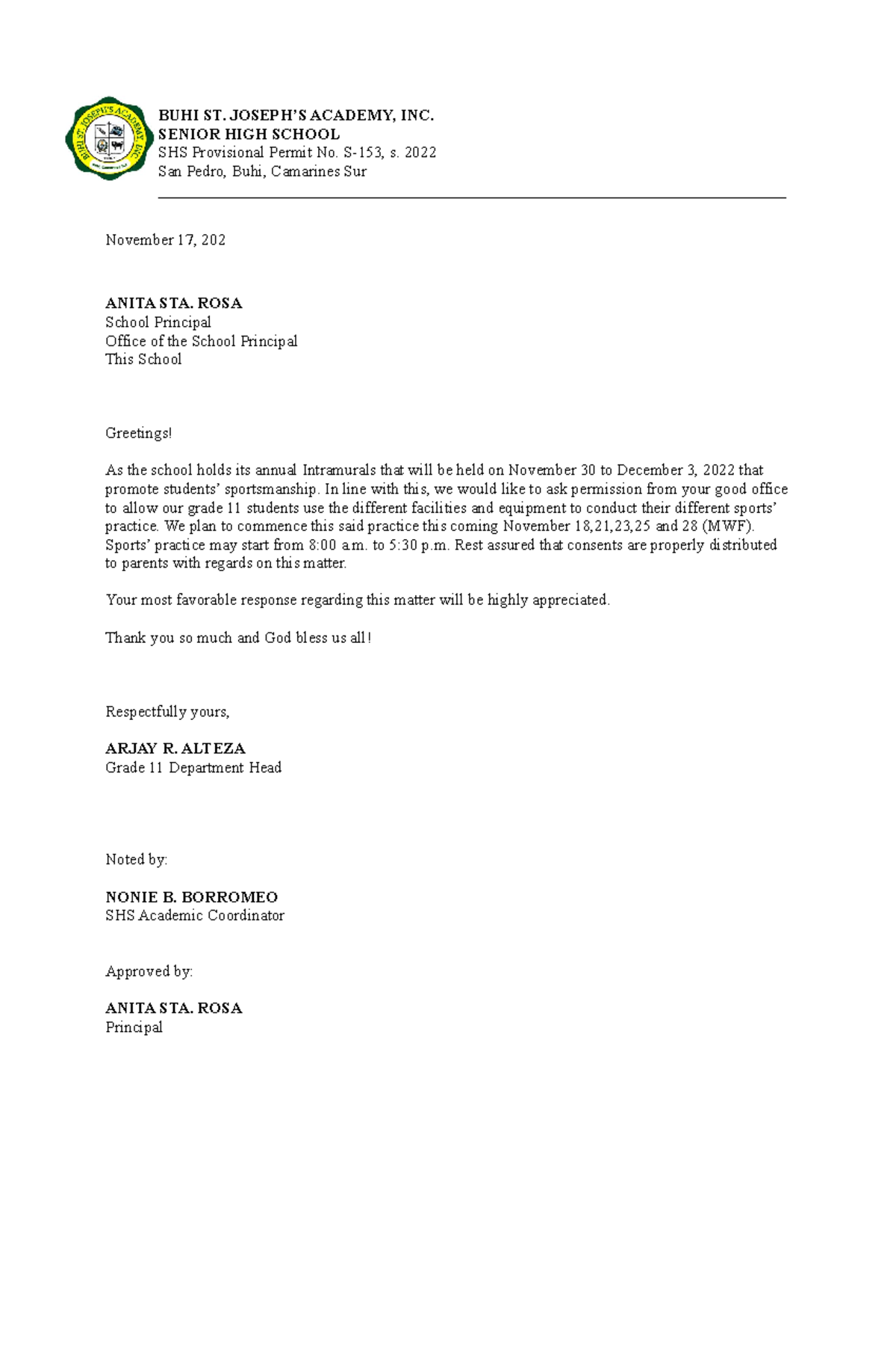 Intrams letter - SIMPLE - BUHI ST. JOSEPH’S ACADEMY, INC. SENIOR HIGH ...