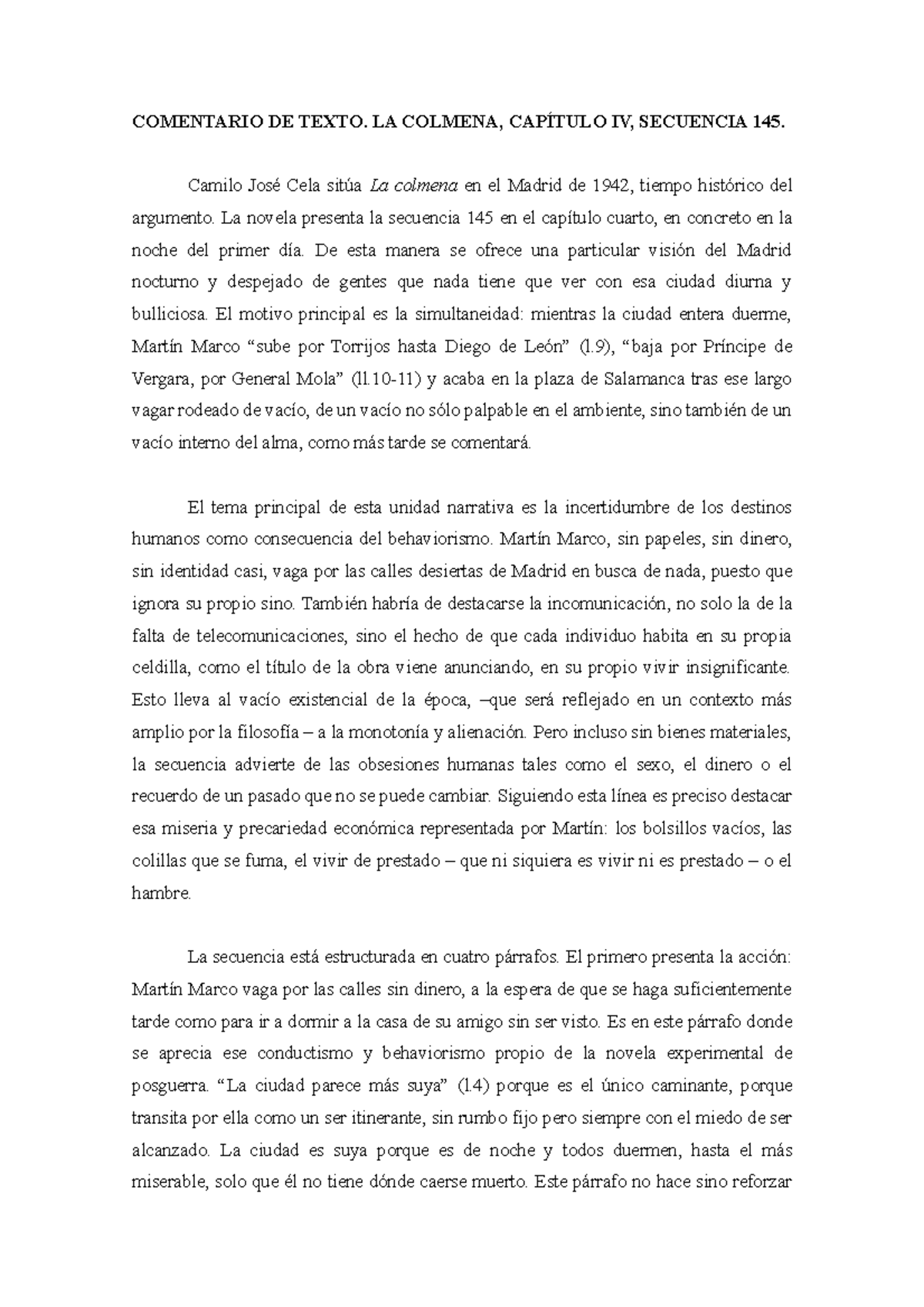 Comentario La Colmena Comentario De Texto La Colmena Capitulo Iv Secuencia 145 Camilo Jose Studocu