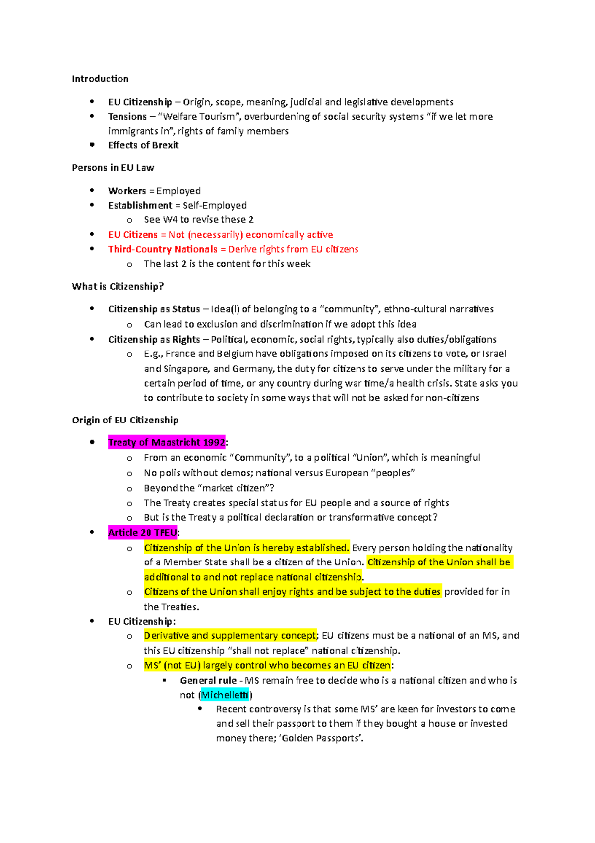 LT W6 Lecture - EU Citizenship - Introduction EU Citizenship – Origin ...