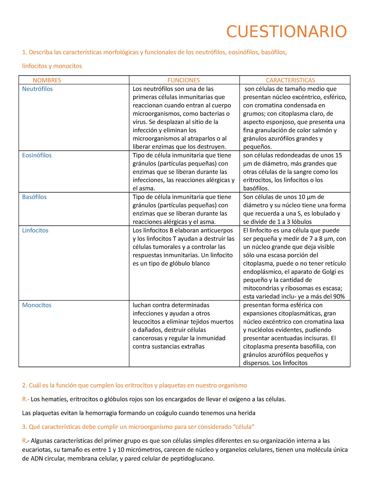 Cuestionario 2 - Work Paper - CUESTIONARIO Describa Las Características ...