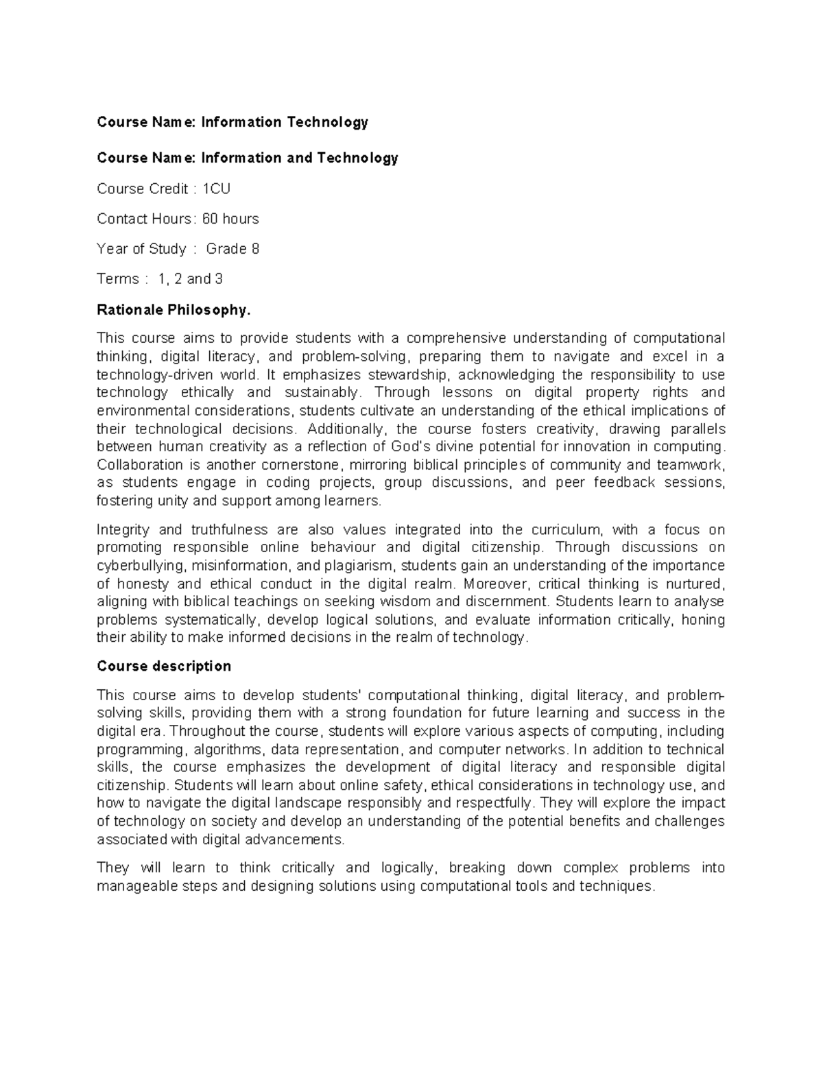 Course description G8 - Course Name: Information Technology Course Name ...