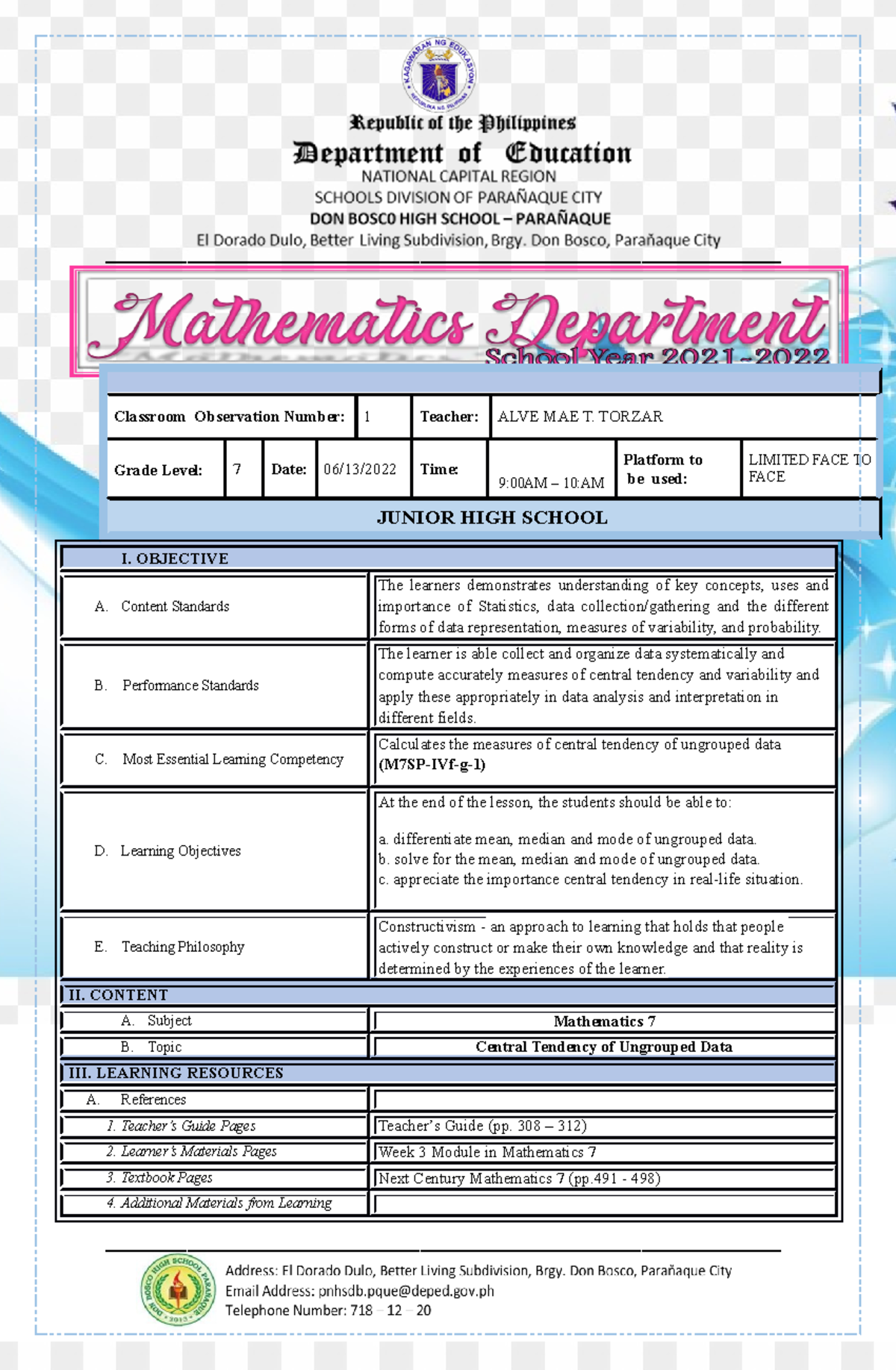 CO1 LPbwsghshsdhhsd - Classroom Observation Number: 1 Teacher: ALVE MAE ...